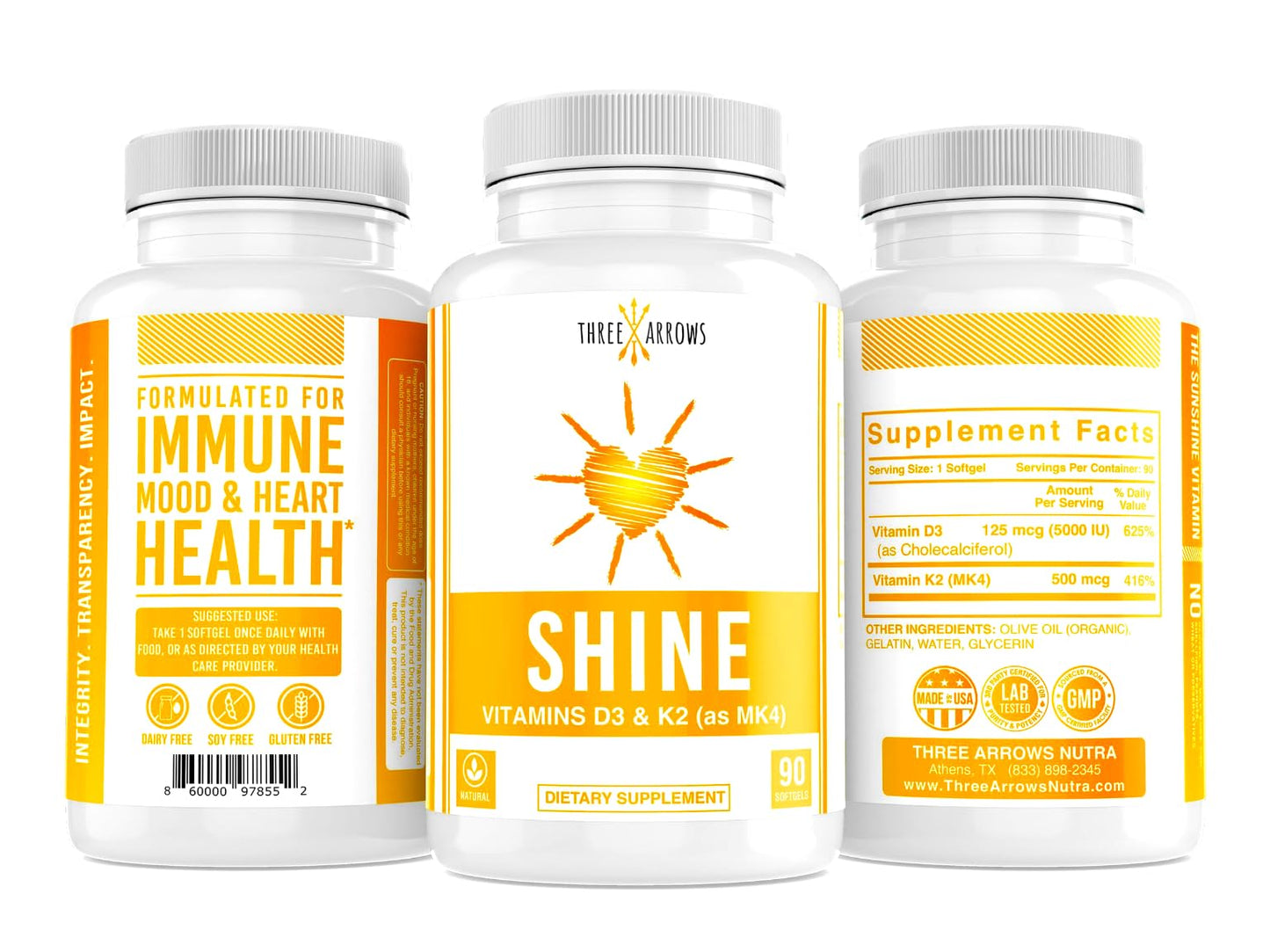 Three Arrows Shine Vitamin D3 K2 MK4 5000 IU + K2 500 mcg Softgels, 90