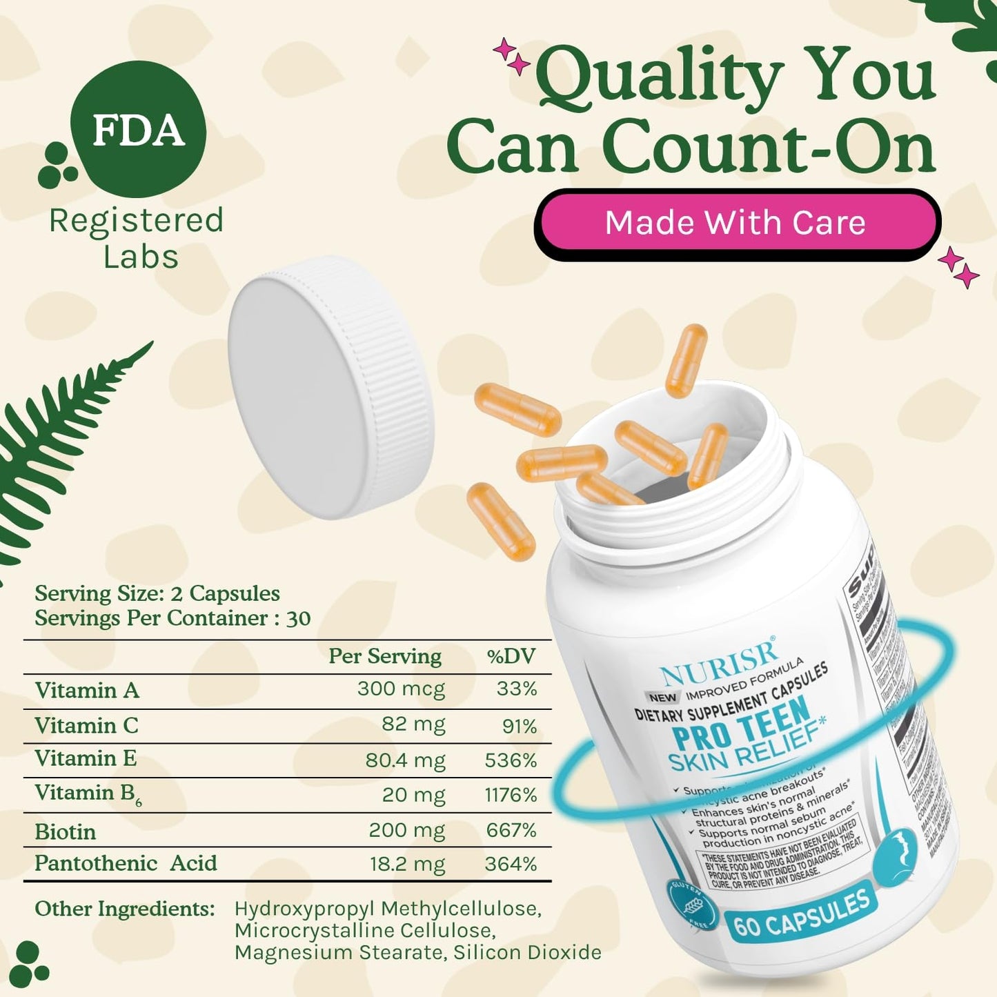 NURISR Acne Supplements for Teenagers with Vitamins A, B, C, E & Biotin for Clear, Radiant Skin - Gluten-Free, 60 Tablets