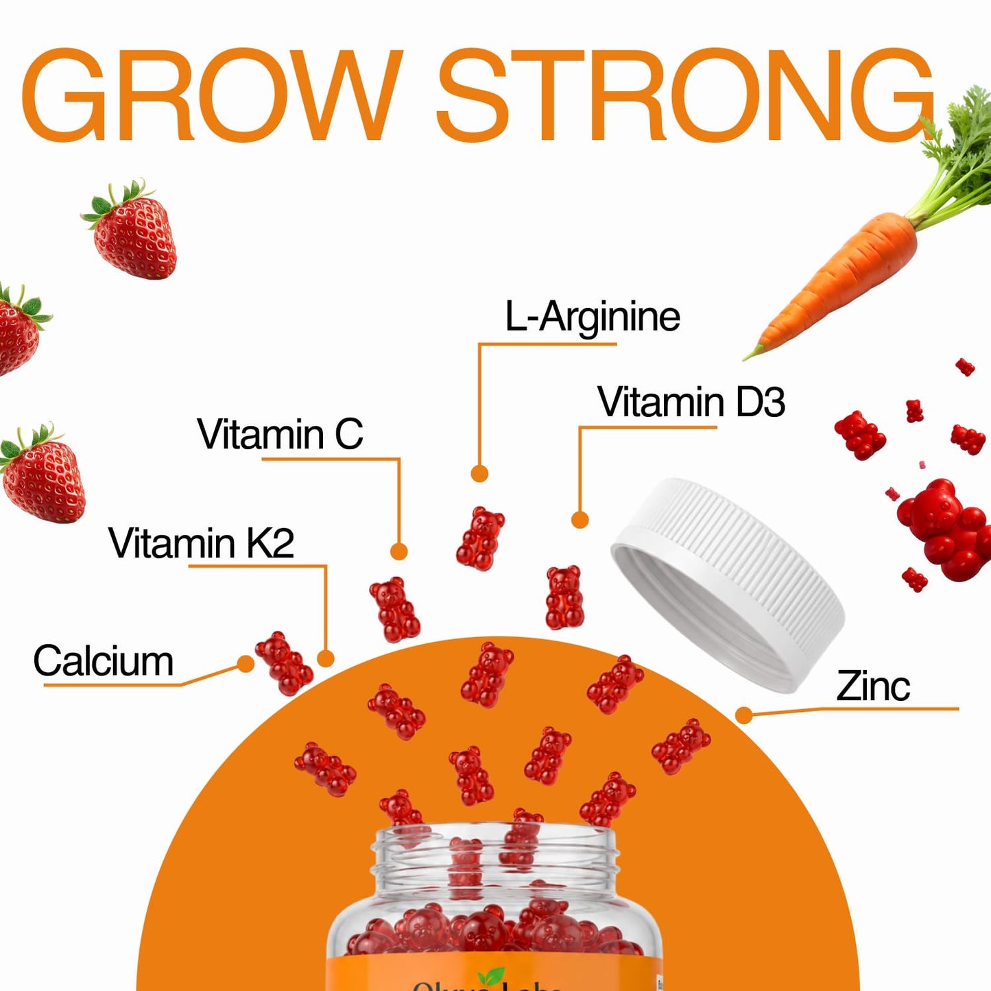 Olyvo Labs Height Growth Gummies with L-Arginine for Kids 2+ & Teens, Sugar-Free Strawberry Flavor, 60 Gummies