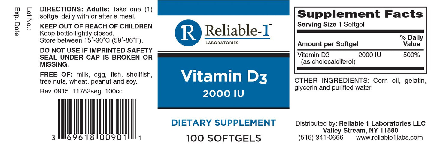 Reliable Vitamin D3 2000 IU Softgels, 100 Count