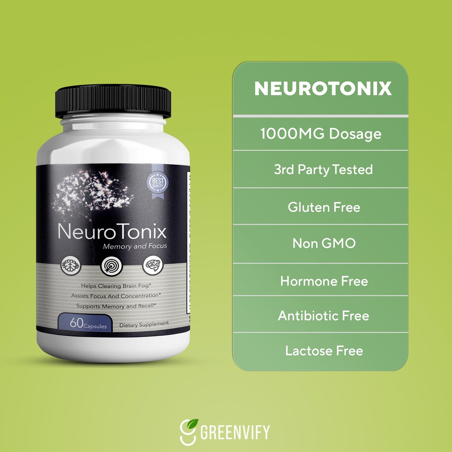 GREENVIFY NeuroTonix Brain Support Supplement Capsules 60 Count
