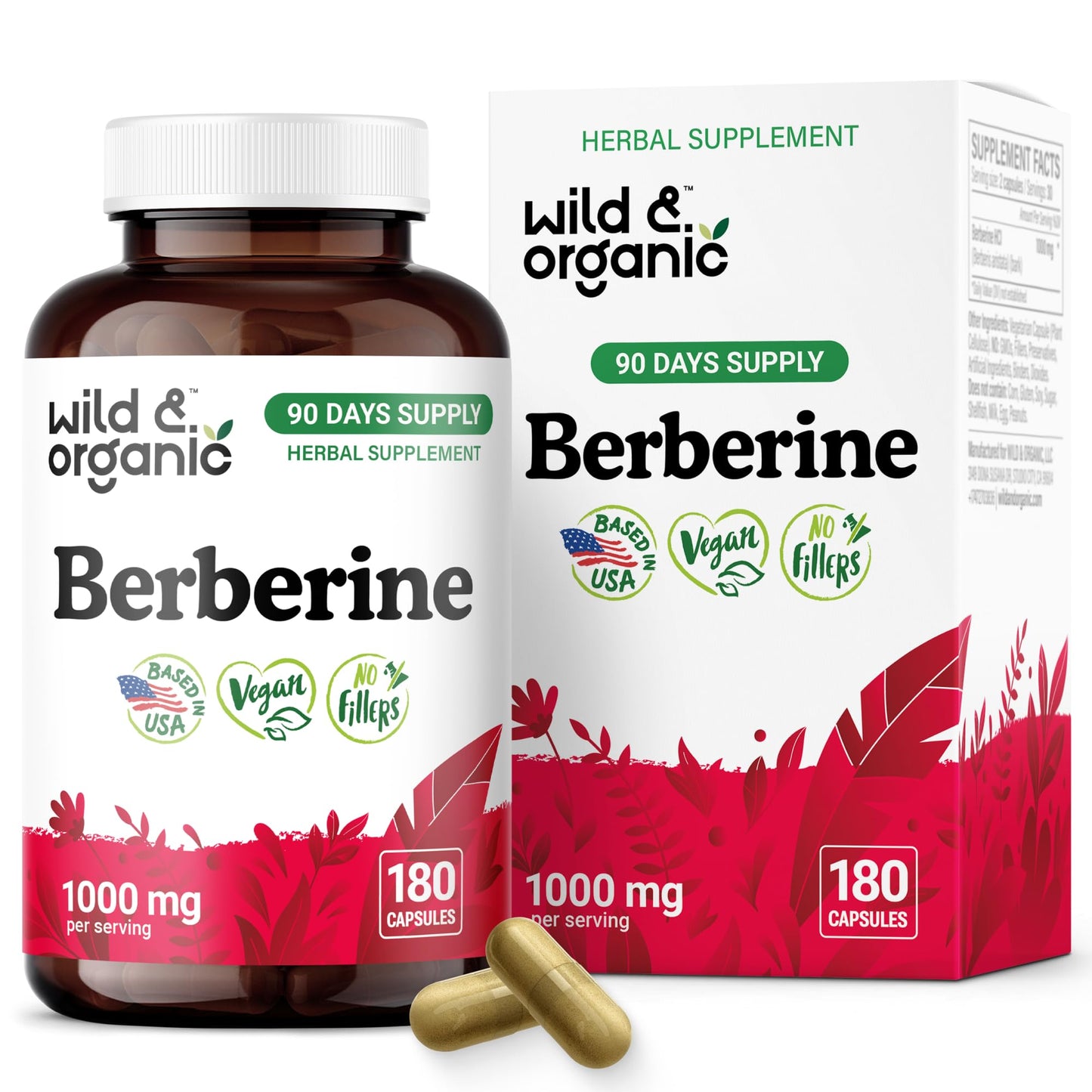 Wild & Organic Berberine Supplement Capsules 1000 mg, 180 Count