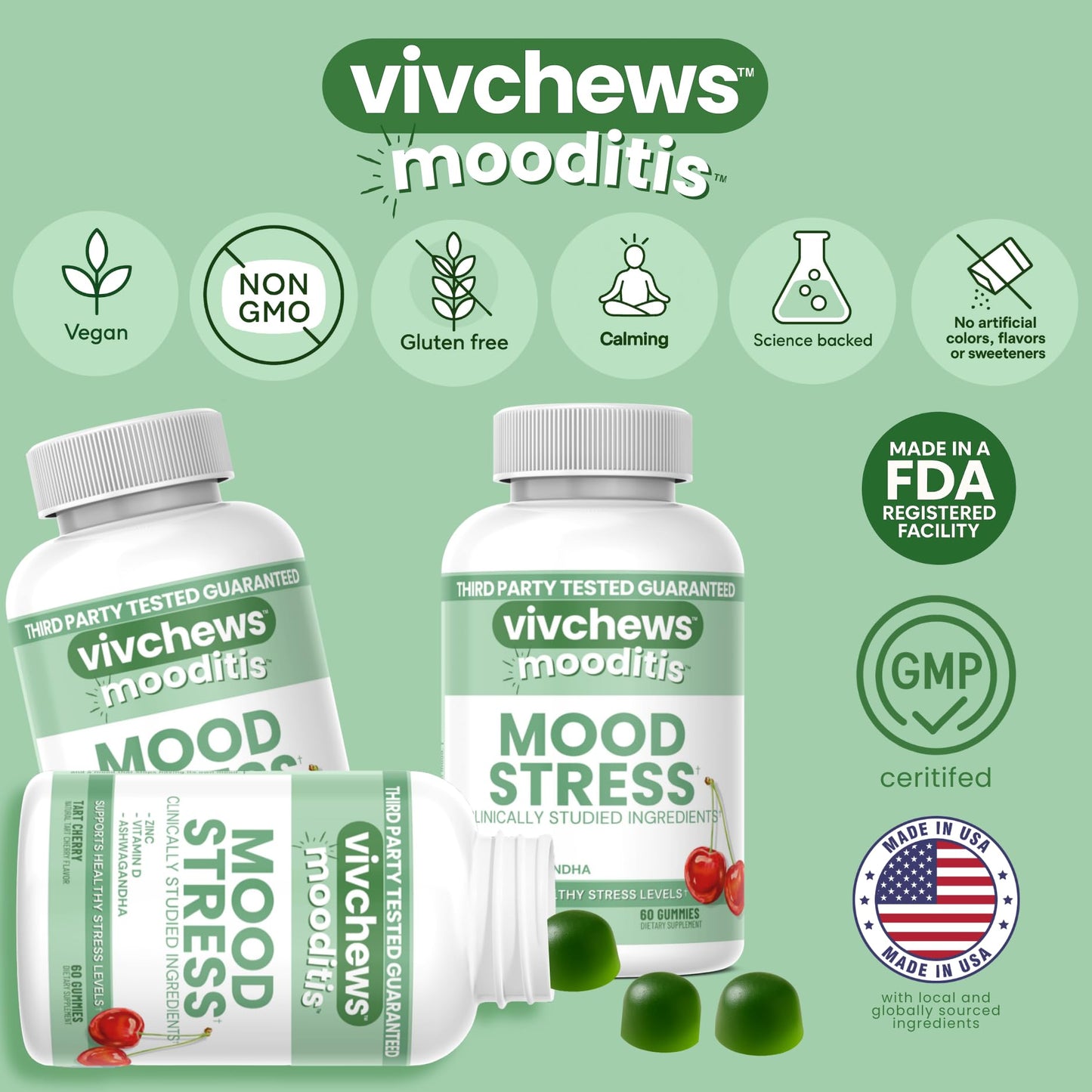 vivchews Mood & Stress Gummies – Zinc, Vitamin D & Ashwagandha for Calm & Emotional Balance, 60 Count