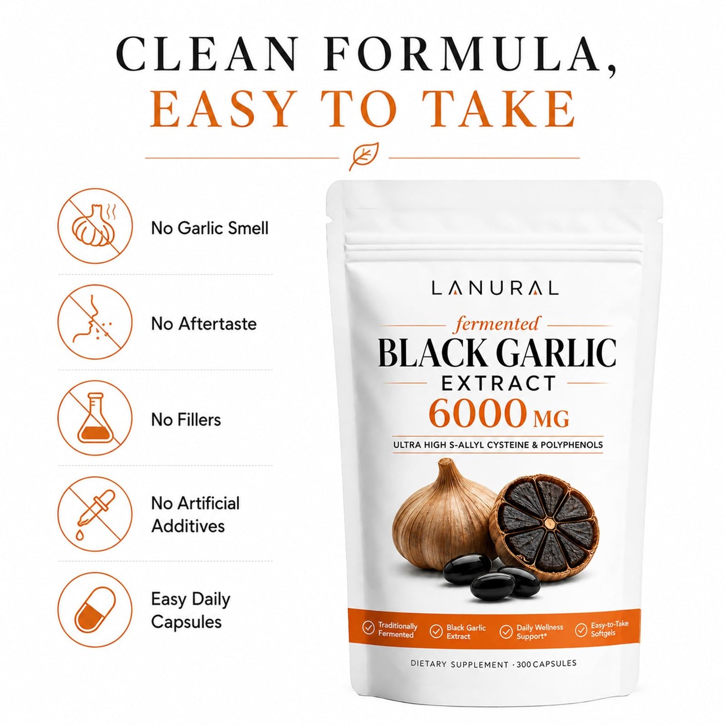 Lanural organic Fermented Black Garlic Softgels 6000mg, 300 Softgels
