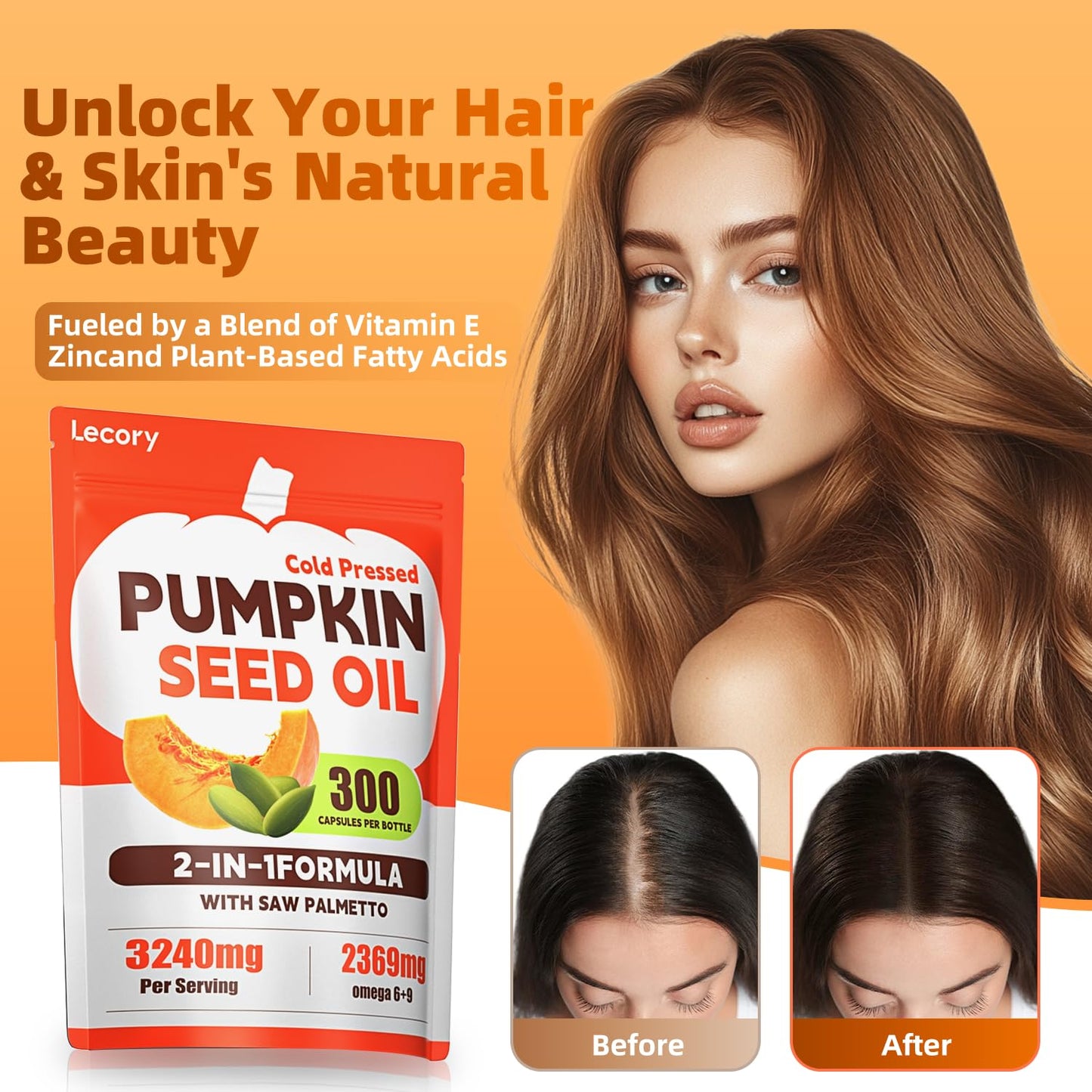 Lecory Pumpkin Seed Oil with Saw Palmetto Softgels, 300 Count