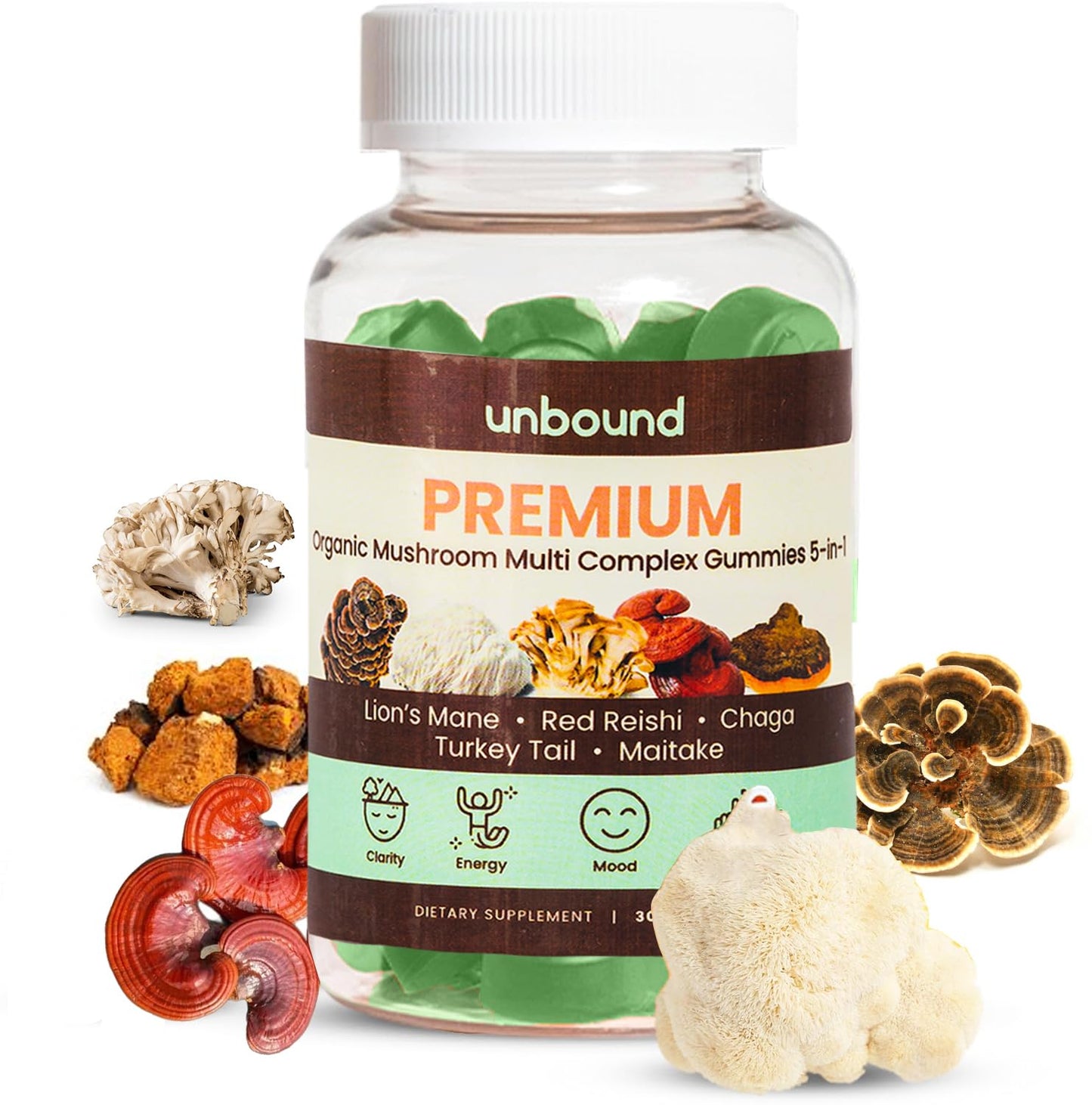 Unbound Mushroom Gummies Premium Organic Mushroom Multi-Complex for Memory Support 5-in-1 Gummy, 60 Count