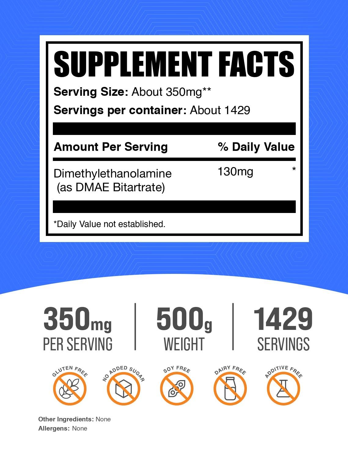 BulkSupplements DMAE Bitartrate Powder, 350 mg per Serving, 1.1 lb (500 g)