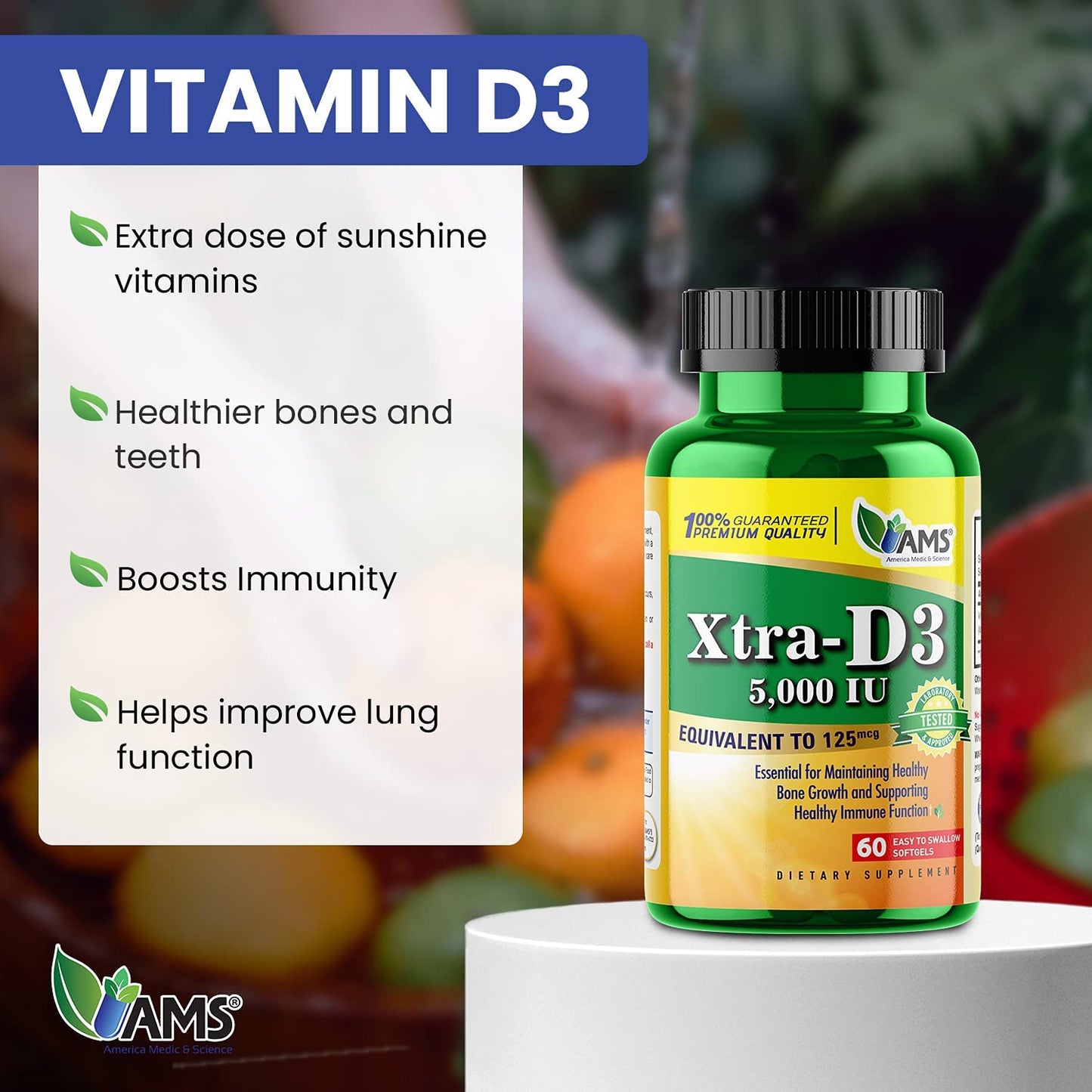 America Medic & Science Xtra D3 Vitamin D 5000 IU (125 mcg) Cholecalciferol Softgels, 180 Count