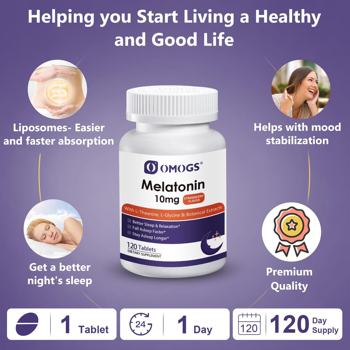 OMOGS Melatonin 10mg Fast Dissolve Tablets with L-Theanine, L-Glycine & Vitamin, Supports Relaxation & Healthy Sleep Cycles, Strawberry Flavor, 90 Tablets