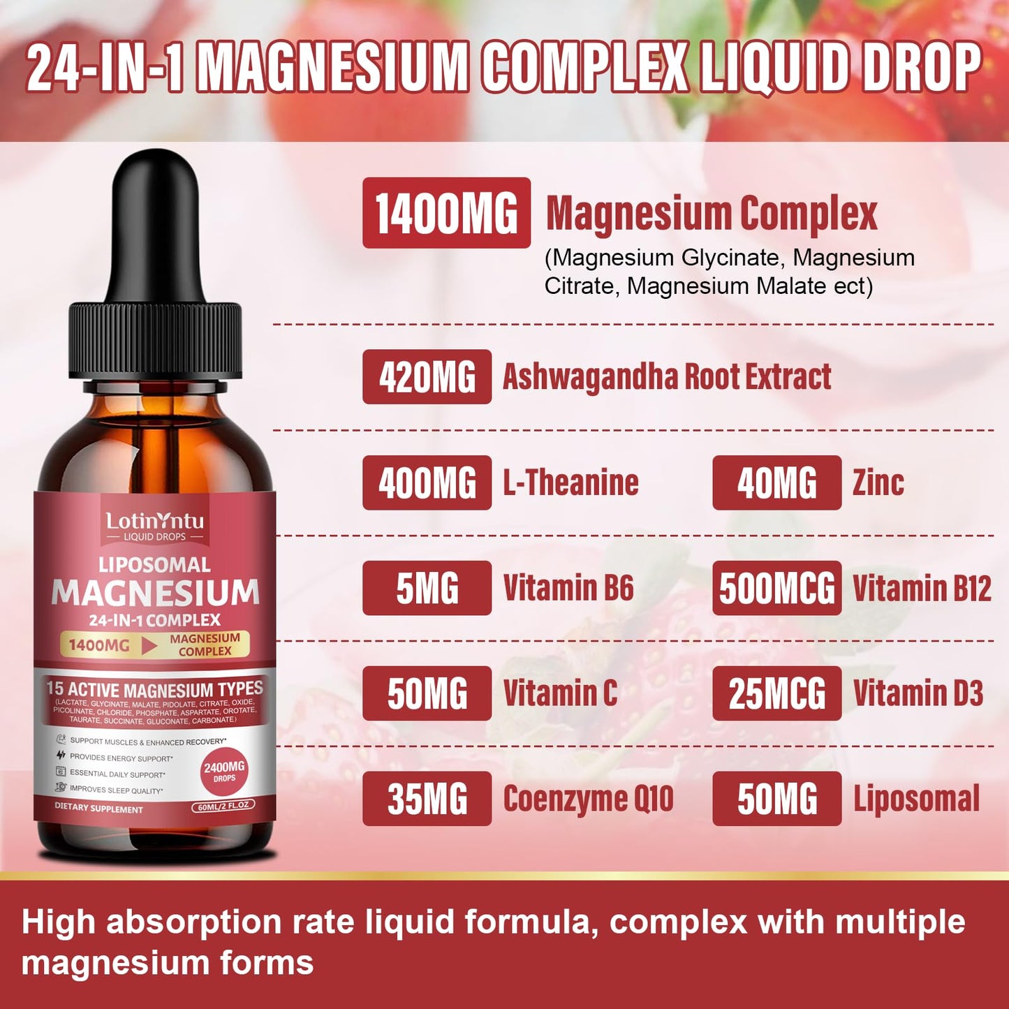 LotinYntu 24-in-1 Liposomal 15 Forms of Magnesium 1400MG Complex Gummies, 2-Count