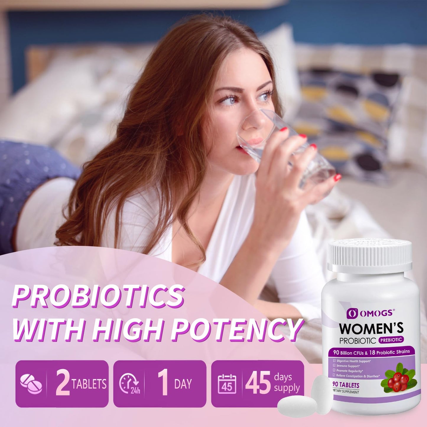 OMOGS Women's Probiotic with Cranberry Extract, Organic Prebiotics & Vitamin C, 180 Tablets