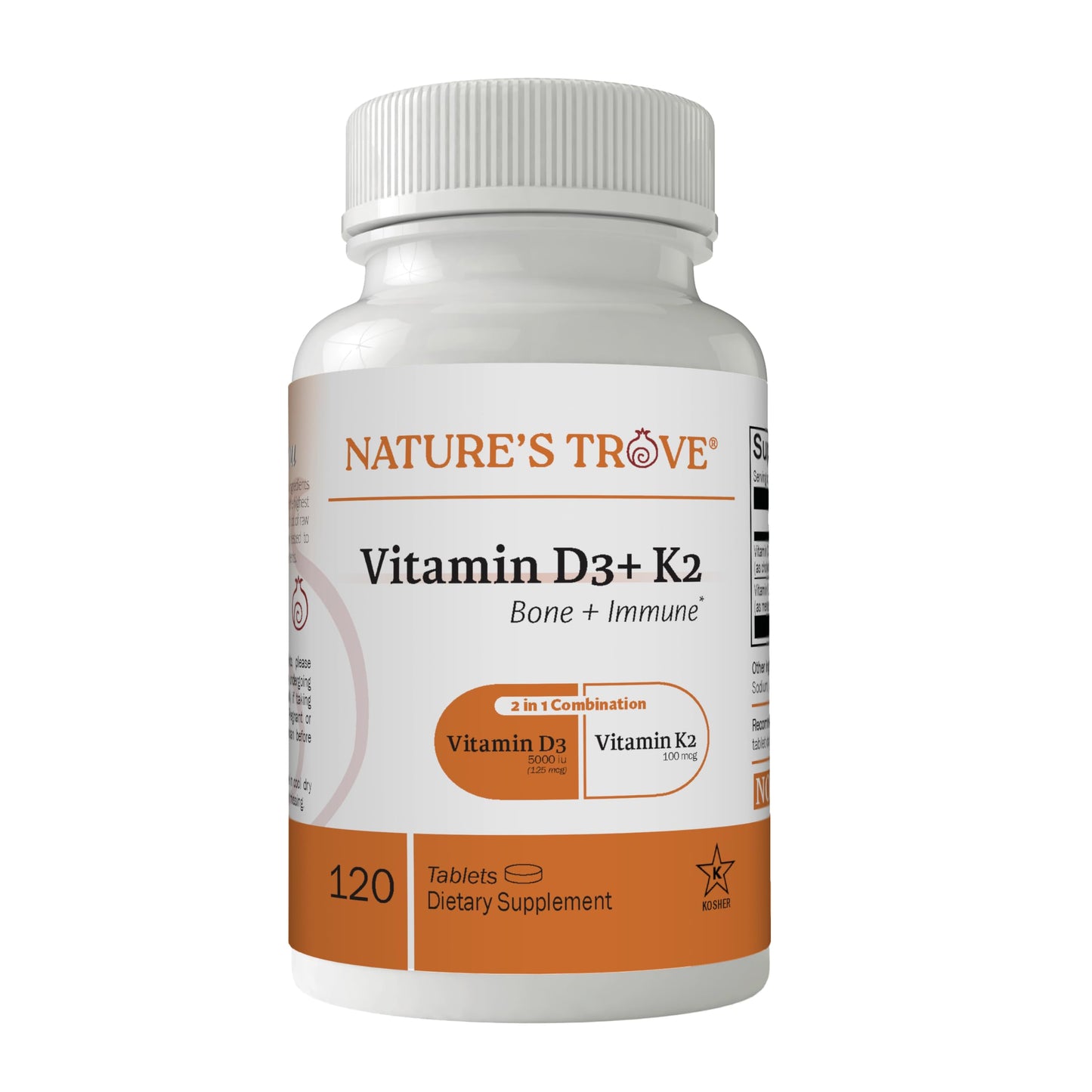 Nature's Trove Vitamin D3 5000 IU Plus K2 100mcg for Bone Health & Immune Support, 120 Tablets