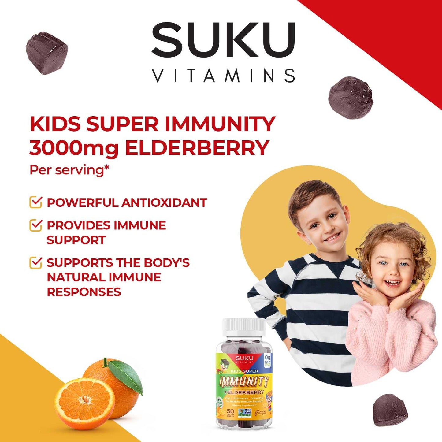 SUKU Kids Super Immunity Gummies with Elderberry, Echinacea, Vitamin A and Zinc for Immune Support - Easy to Chew - Non-GMO, Gluten Free, Sugar Free - Pomegranate Lime Gummy Vitamins, 50 Count