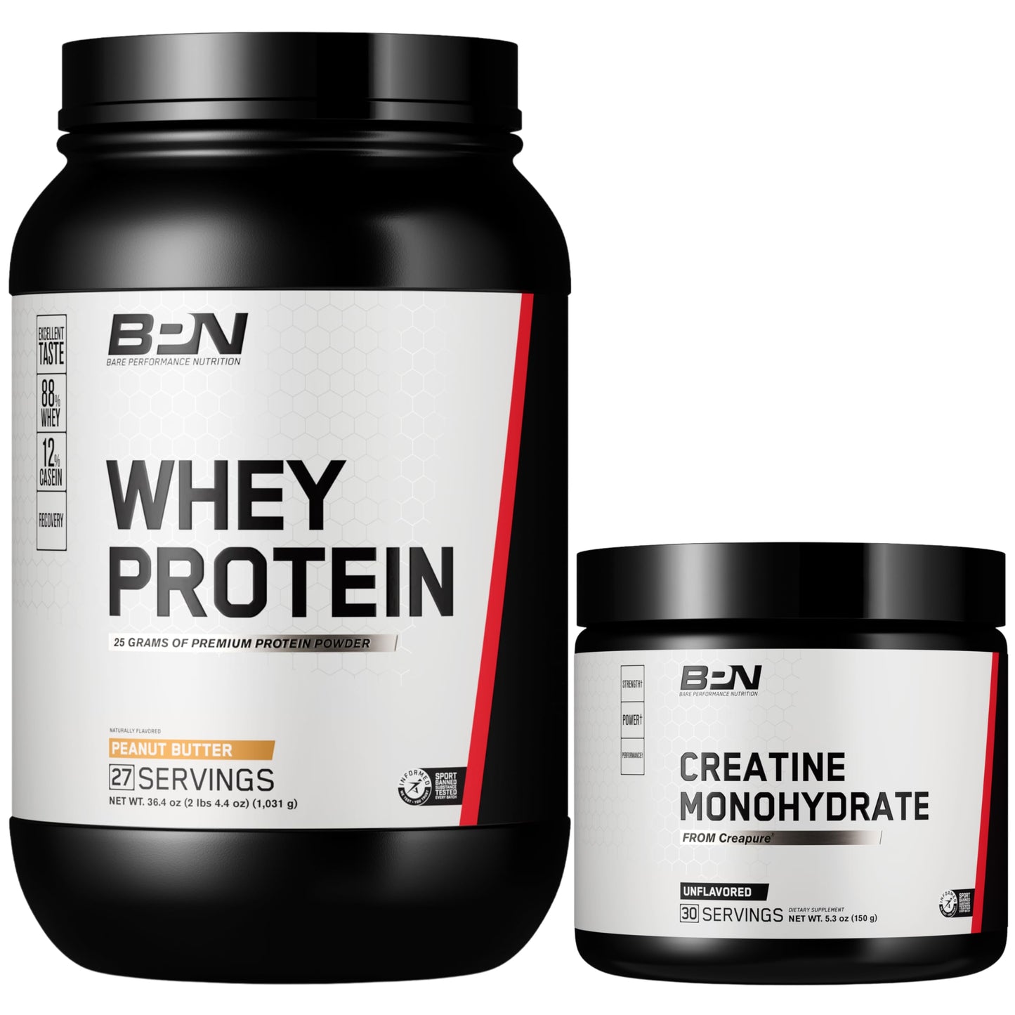 BARE PERFORMANCE NUTRITION BPN Whey Peanut Butter Protein + Creatine Powder, 30 Serving Bundle