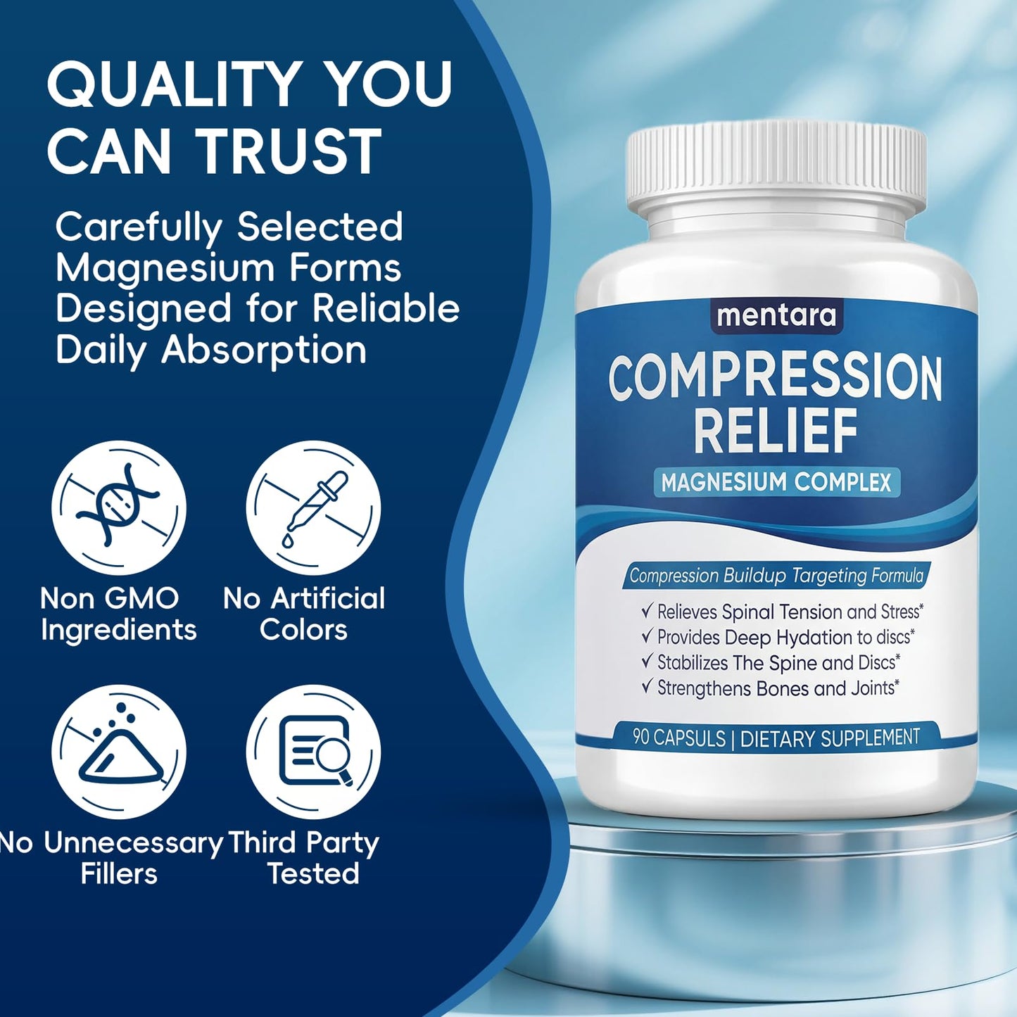 WOVOEO Mentara Compression Relief Magnesium Capsules, 1000mg Triple Magnesium Blend (Glycinate, Malate, Taurate), 90 Capsules