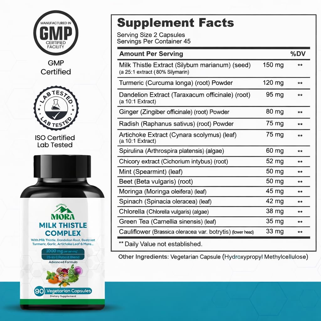 MORA Milk Thistle Complex 1000mg Capsules, 15-in-1 Liver Support with 80% Silymarin, Dandelion Root, Turmeric & Artichoke Extract, Liver Health & Digestion Support, 90 Vegan Capsules