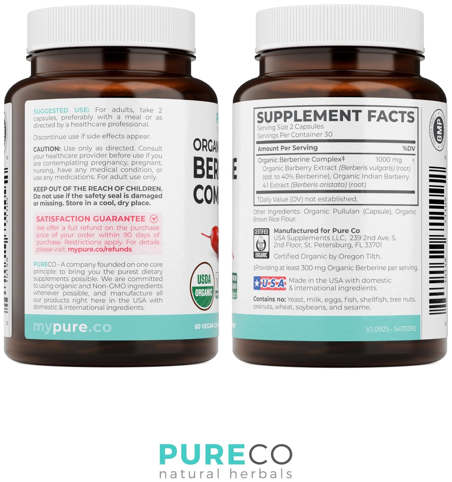PURE CO Certified Organic Berberine Capsules, 1000mg per Serving, 60 Count
