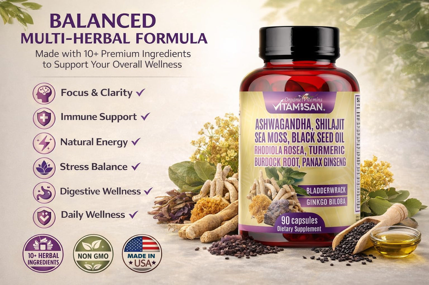 VITAMISAN Shilajit, Sea Moss Complex Herbal Dietary Supplement Capsules, 180 Capsules