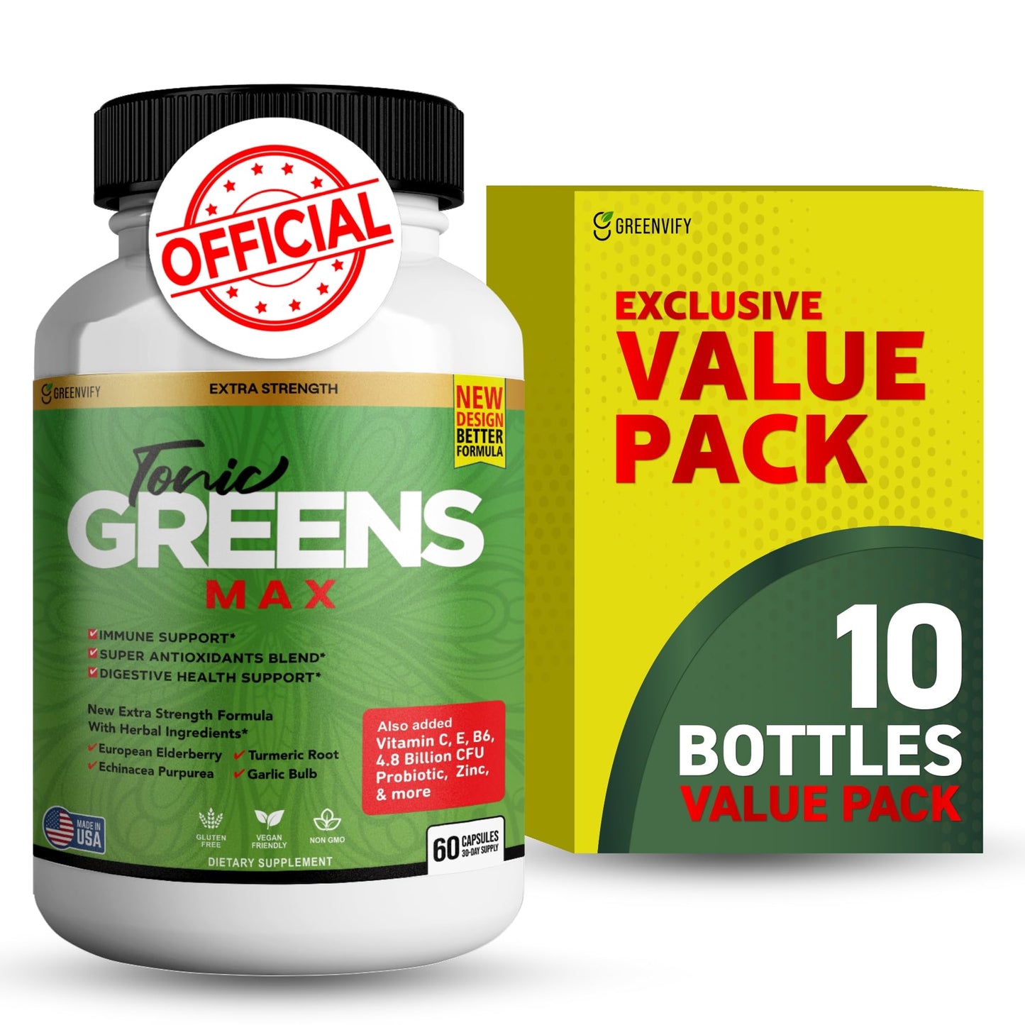 GREENVIFY Tonic Greens Max Extra Strength Immune Support Supplement Capsules, 60 Capsules
