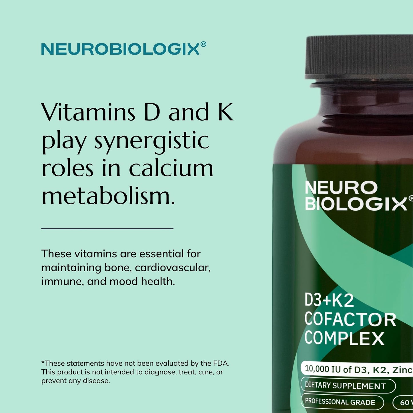 Neurobiologix Vitamin D3 + K2 Cofactor Complex, High Potency 10,000 IU, MK-7, Zinc & Boron, 60 Capsules