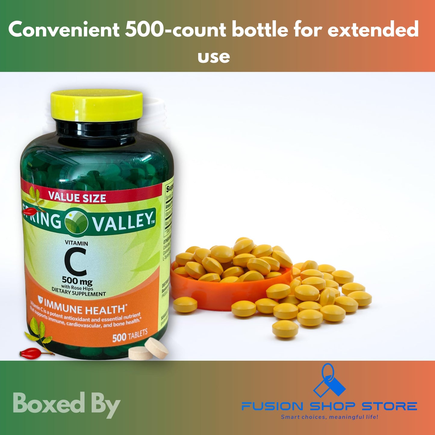 Fusion Shop Store Vitamin C 500mg with Rose Hips, 500 Tablets