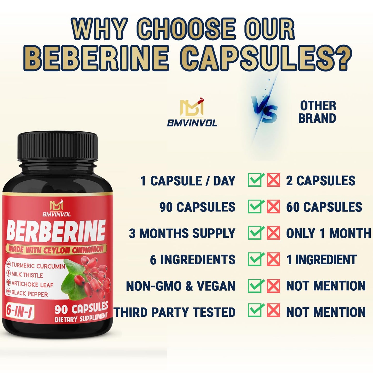 BMVINVOL Berberine, Ceylon Cinnamon, Turmeric, Milk Thistle, Artichoke, Black Pepper Capsules 90