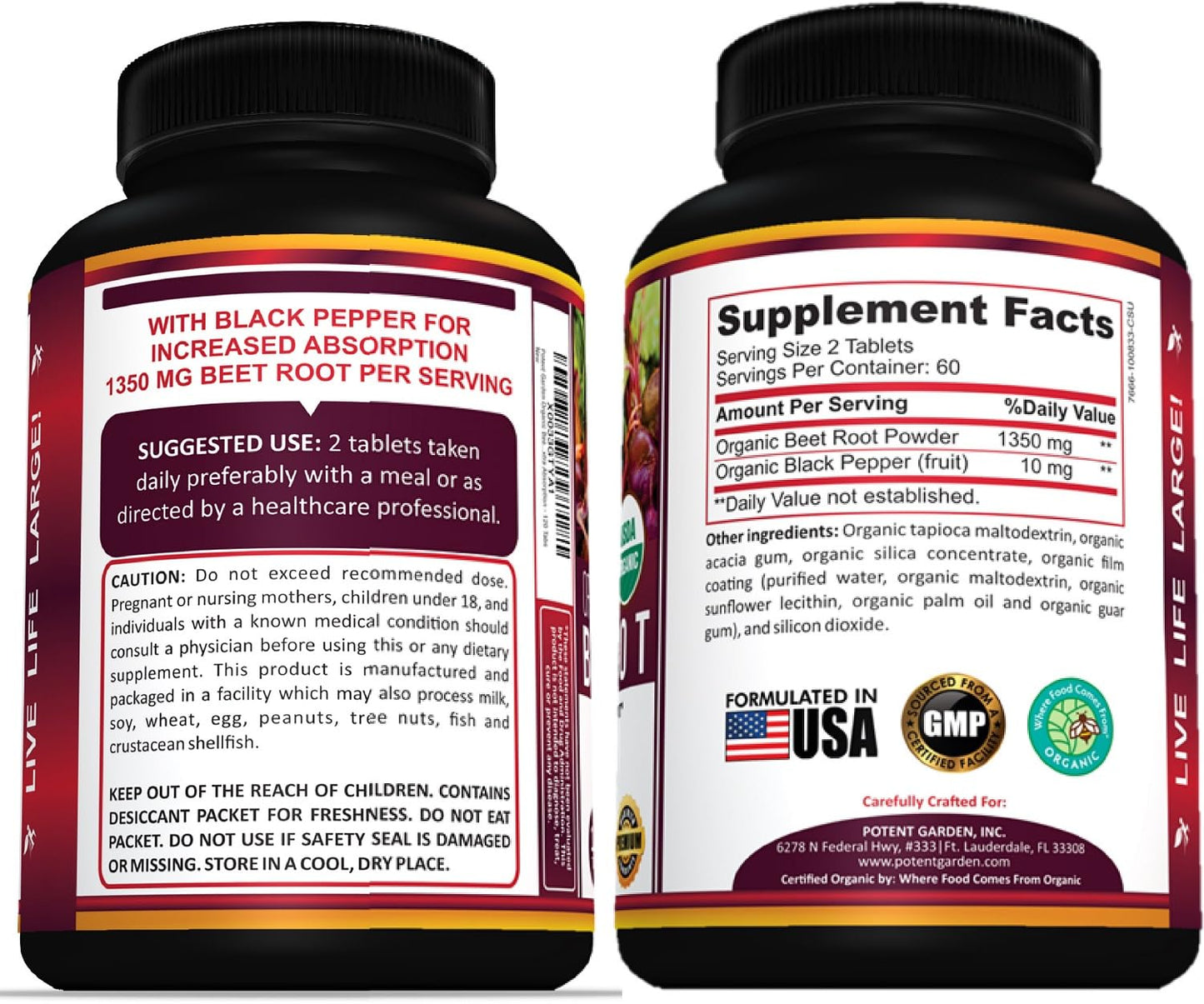 Potent Garden Organic Beet Root Tablets 1350 mg with Black Pepper, 120 Tablets