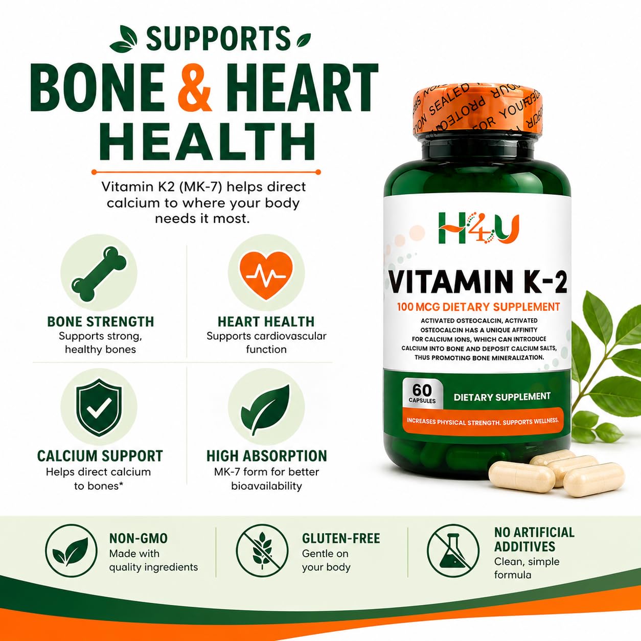 H4U Vitamin K2 MK-7 100 mcg Capsule, 60 Count