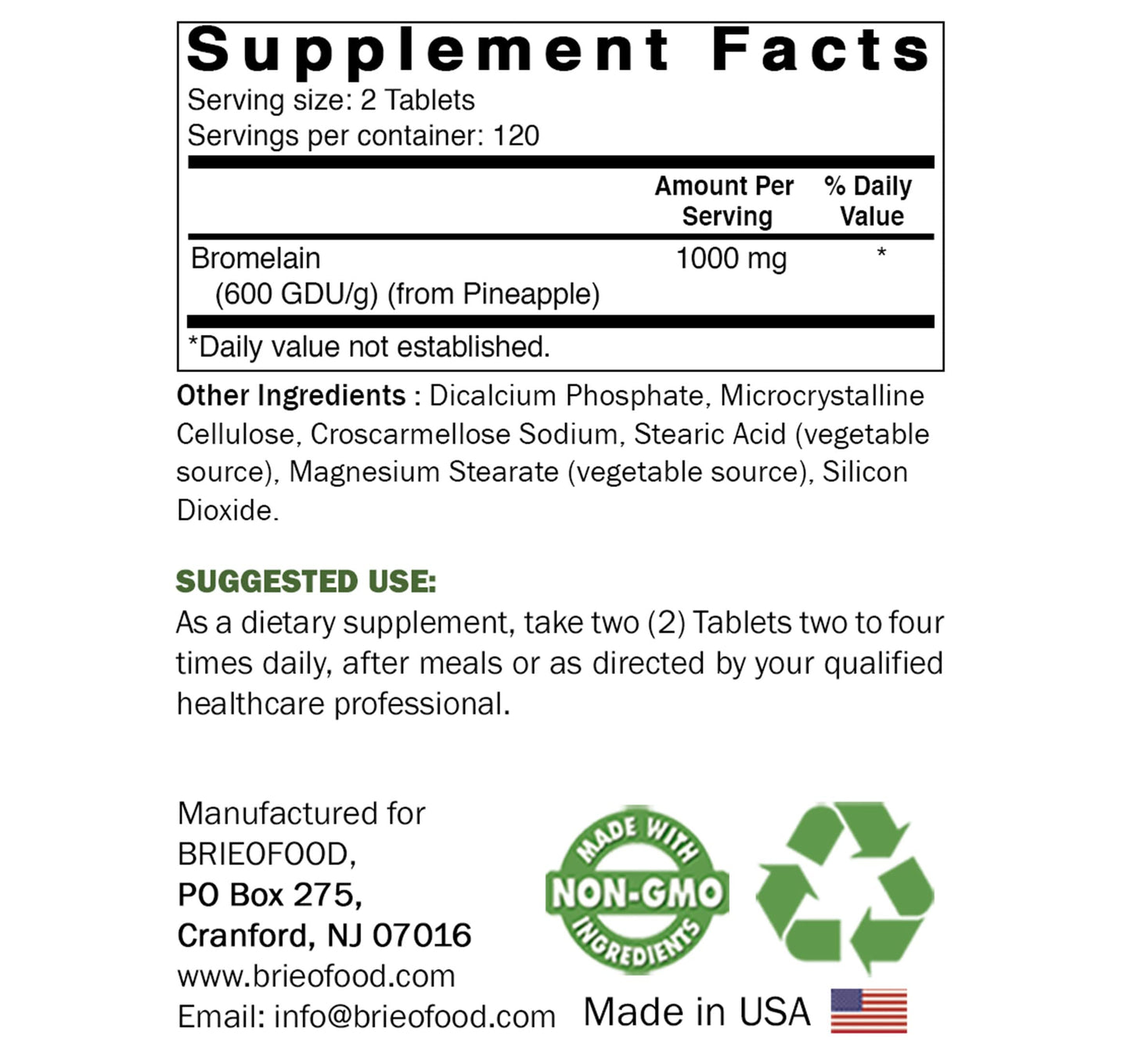 Brieofood Bromelain 1000mg per Serving 240 Tablets