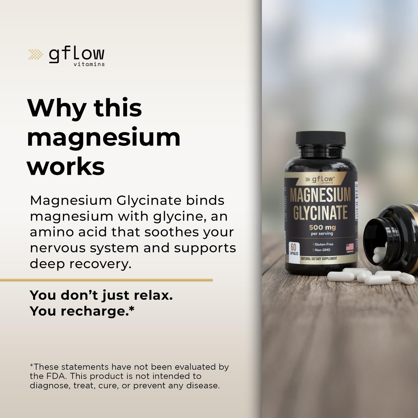 Gflow Vitamins Magnesium Glycinate Supplement for Calm and Sleep Capsules, 60 Count