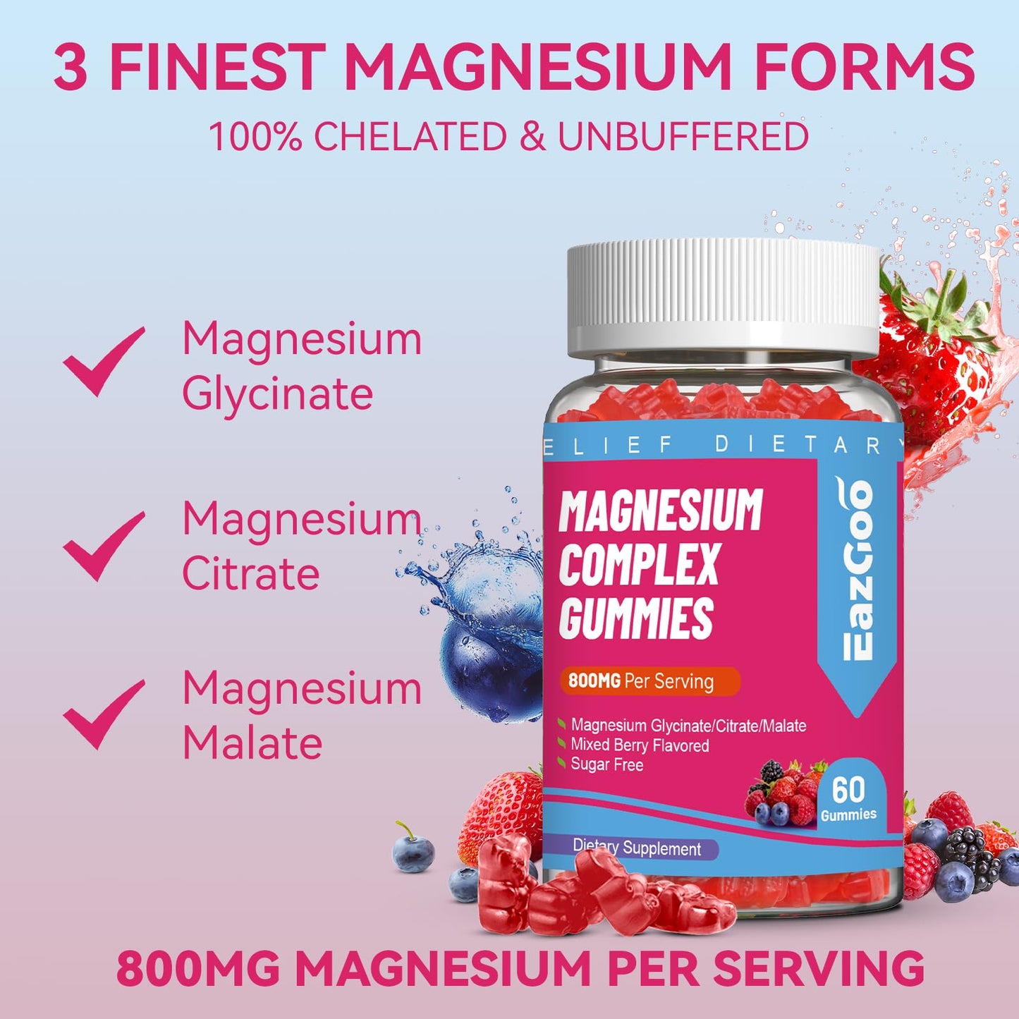 EAZGOO Magnesium Gummies 800mg - Vitamin D3, C, B6, B12 & Zinc Complex with Magnesium Glycinate, Citrate & Malate, 120 Gummies