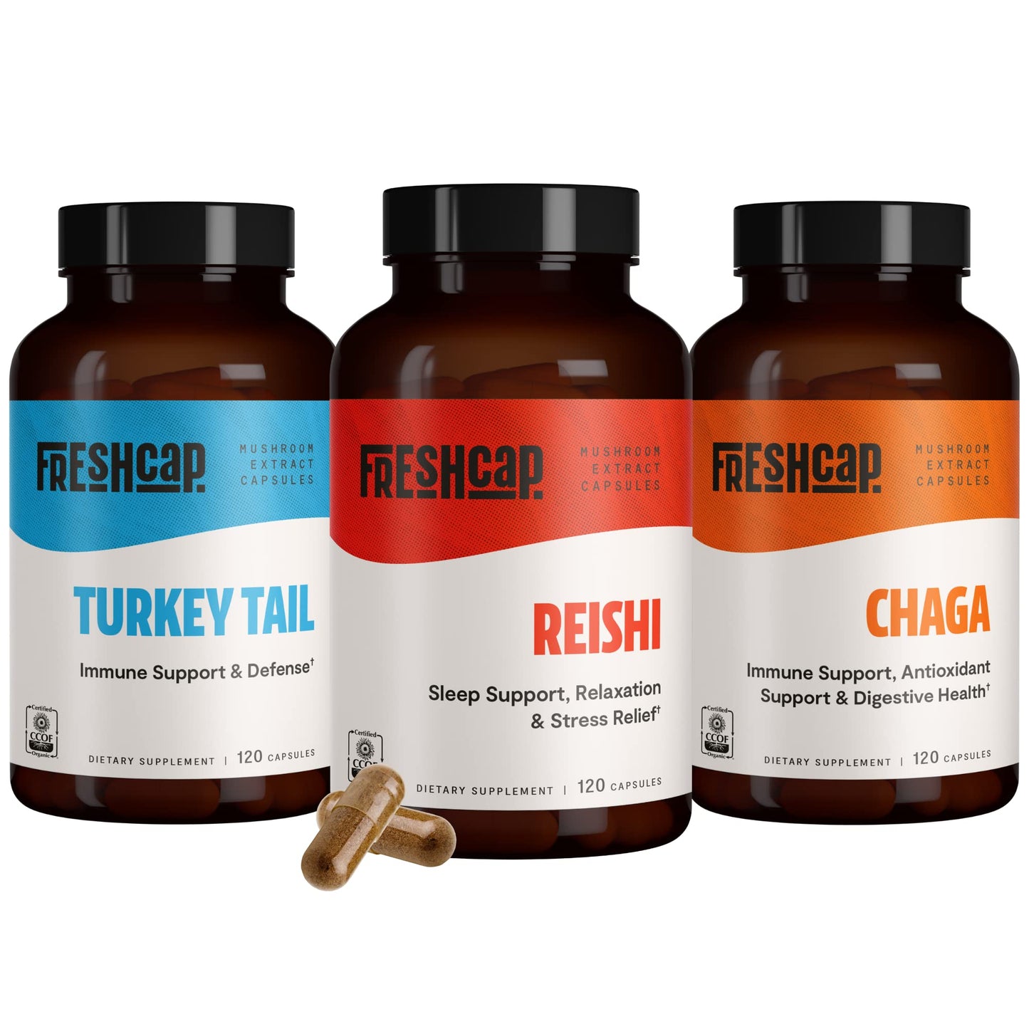 FreshCap Mushrooms Immune Defenders Bundle (Reishi, Turkey Tail, Chaga) 3 Capsules