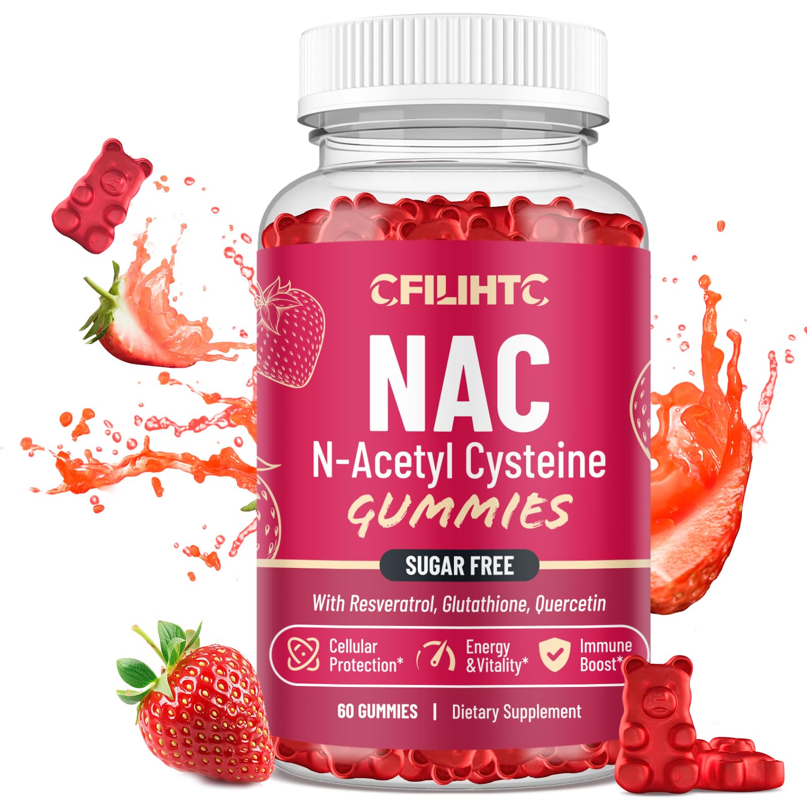 CFILIHTC NAC Gummies 600mg with N-Acetyl Cysteine, Glutathione, Resveratrol, Magnesium, CoQ10 for Antioxidants & Immune Support, Strawberry Flavor, 60 Gummies