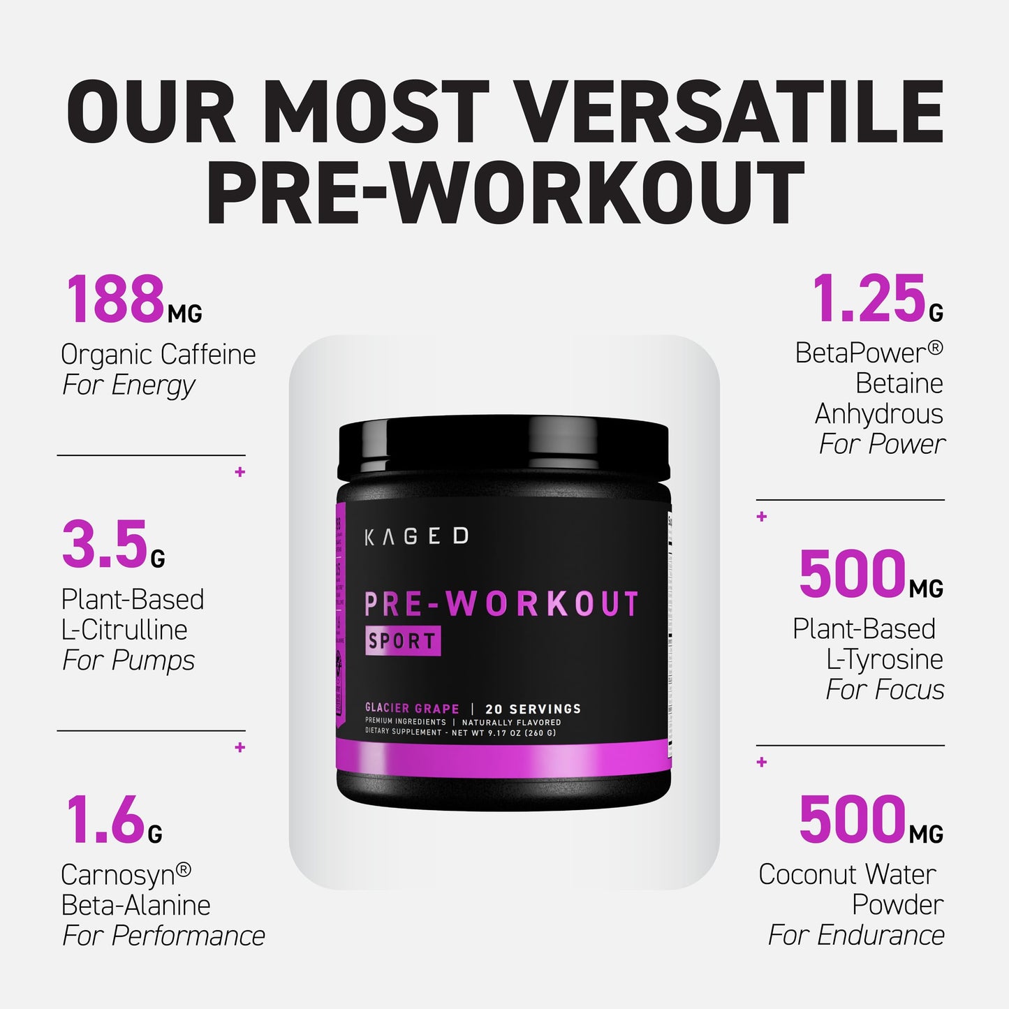 Kaged Sport Pre Workout Powder for Men & Women, Glacier Grape, 9.17 Ounce