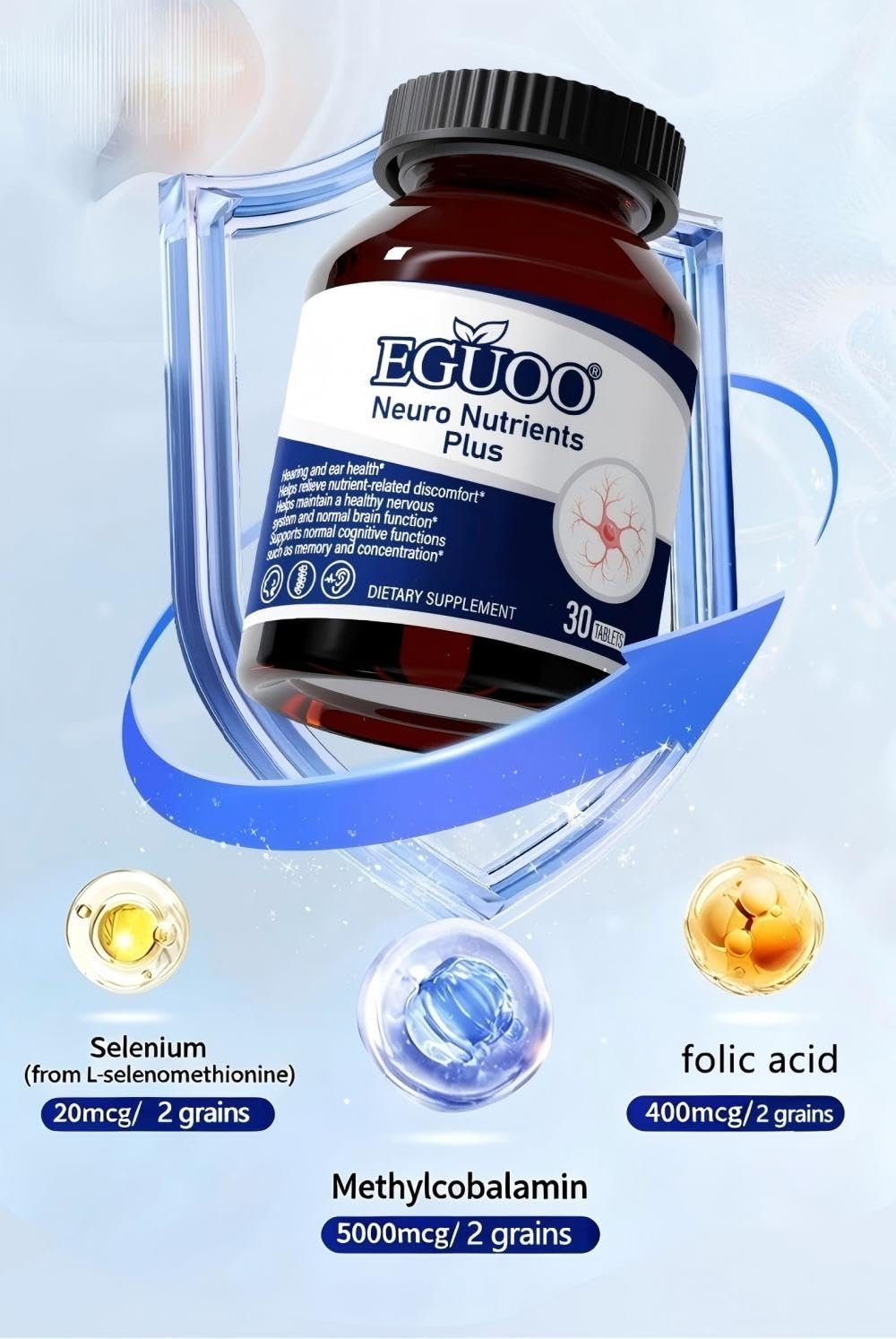 EGUOO Neuro Nutrients Plus – Vitamin B12 (Methylcobalamin) 5000mcg, Folate & Selenium – Dietary Supplement for Nervous System & Auditory Wellness, 30 Tablets