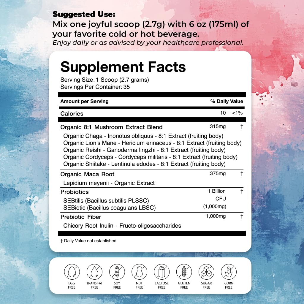 Joybru Ultra Potent Mushroom Powder Blend, 8:1 Extract with Probiotics, Reishi, Chaga, Shiitake, Lion's Mane, Cordyceps, Maca, 3.35 oz