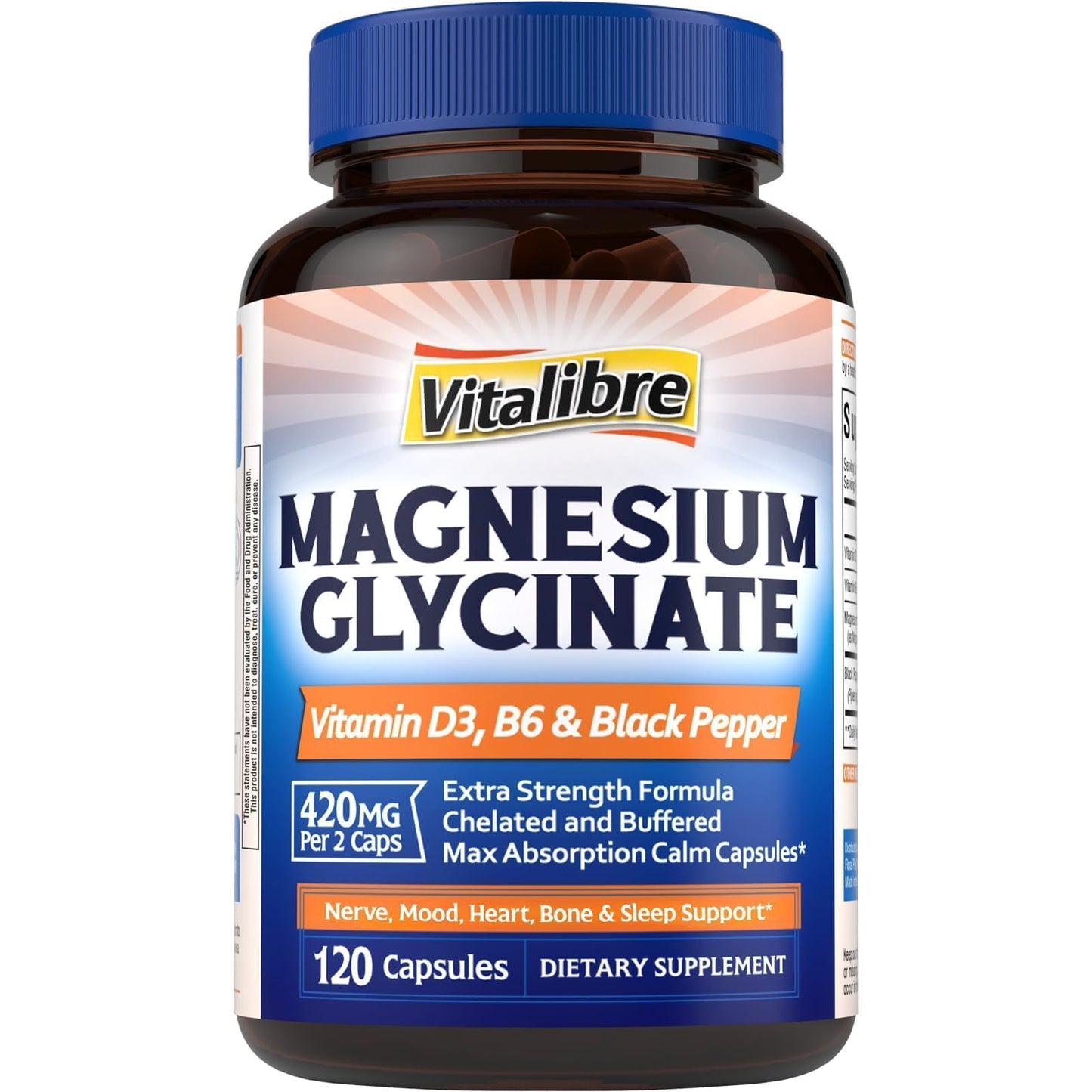Vitalibre Magnesium Glycinate 420mg with Vitamin D3 B6, 120 Capsules
