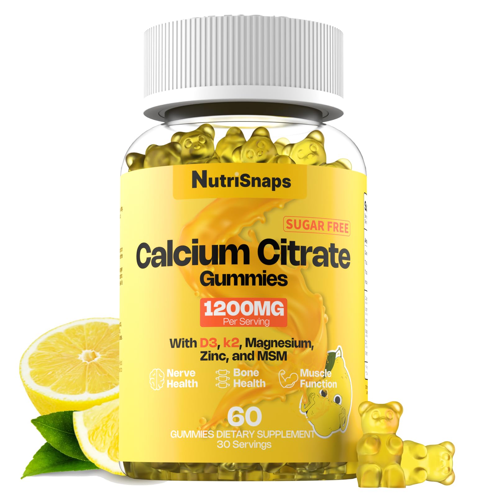 Nutrisnaps Calcium Citrate Gummies 1200mg with Vitamin D3 K2, Magnesium, Zinc, MSM for Men & Women, Ultimate Absorption Calcium Supplement, Vegan, 60 Count