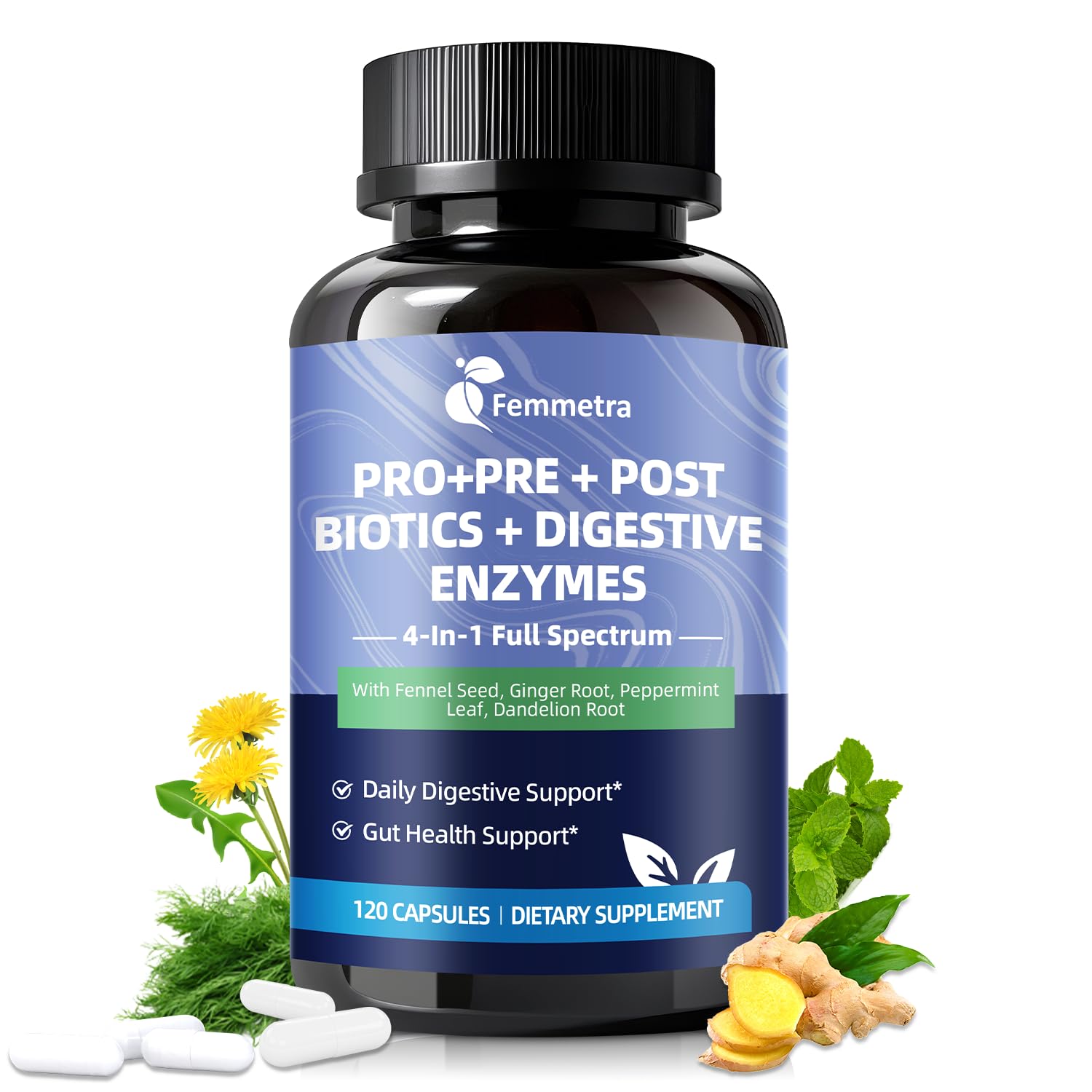 Femmetra Ultra Probiotics for Women & Men 200 Billion CFU - 36 Strains, 14 Digestive Enzymes, 4 Anti-Bloat Herbs, 3 Prebiotic Fibers & 4 Postbiotics, Vegan, Capsules, 120 Count