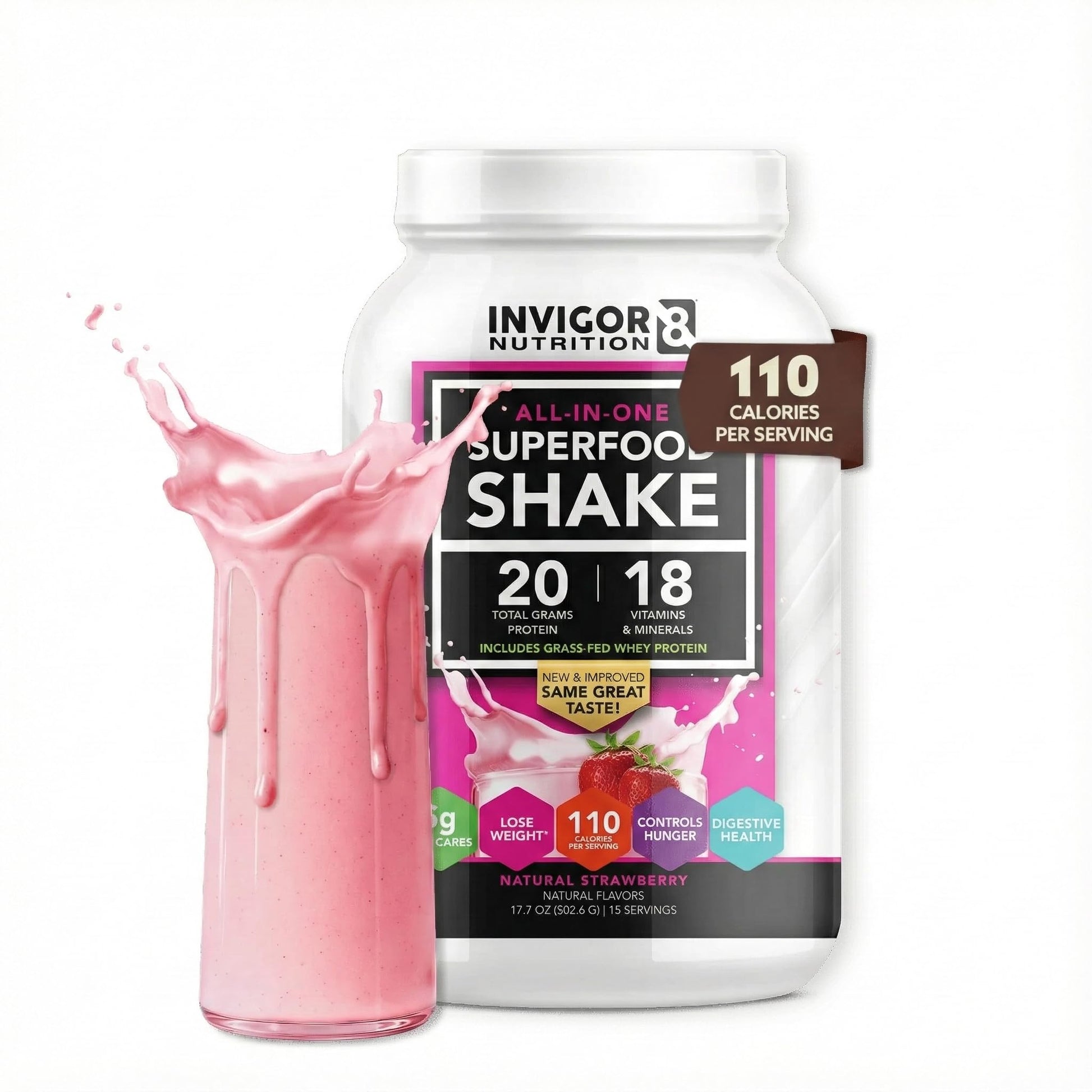 INVIGOR8 Superfood Grass Fed Whey Protein Isolate Shake Natural Strawberry Powder 22.6 oz