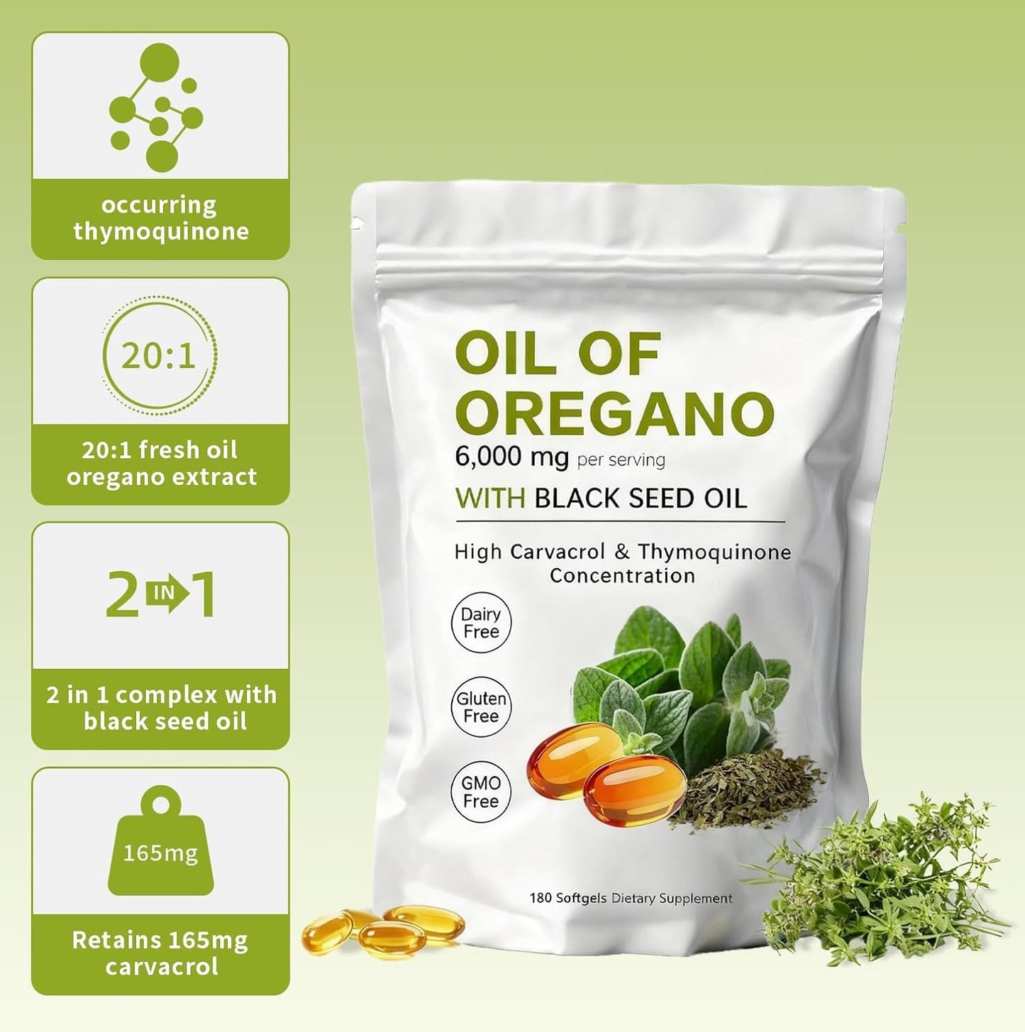 Huuazoi Oregano Oil Softgels Capsule, 180 Count