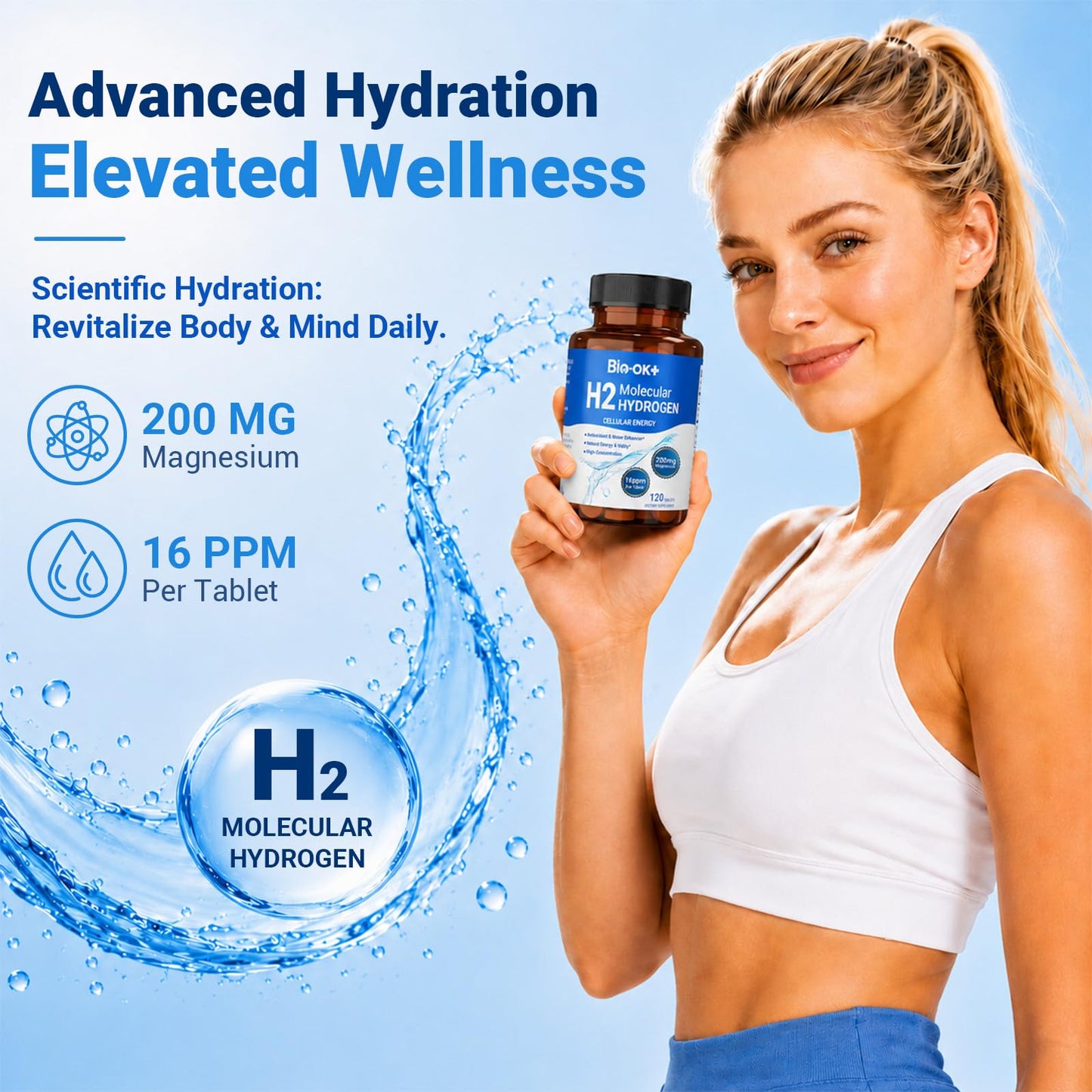 Biookultra Molecular Hydrogen Water Tablets with Magnesium 16 PPM Hydrogen Water Drinking Tablets Antioxidant Rich H2 Molecular Tabs for Cellular Health & Energy Boost, Tablet, 120 Count