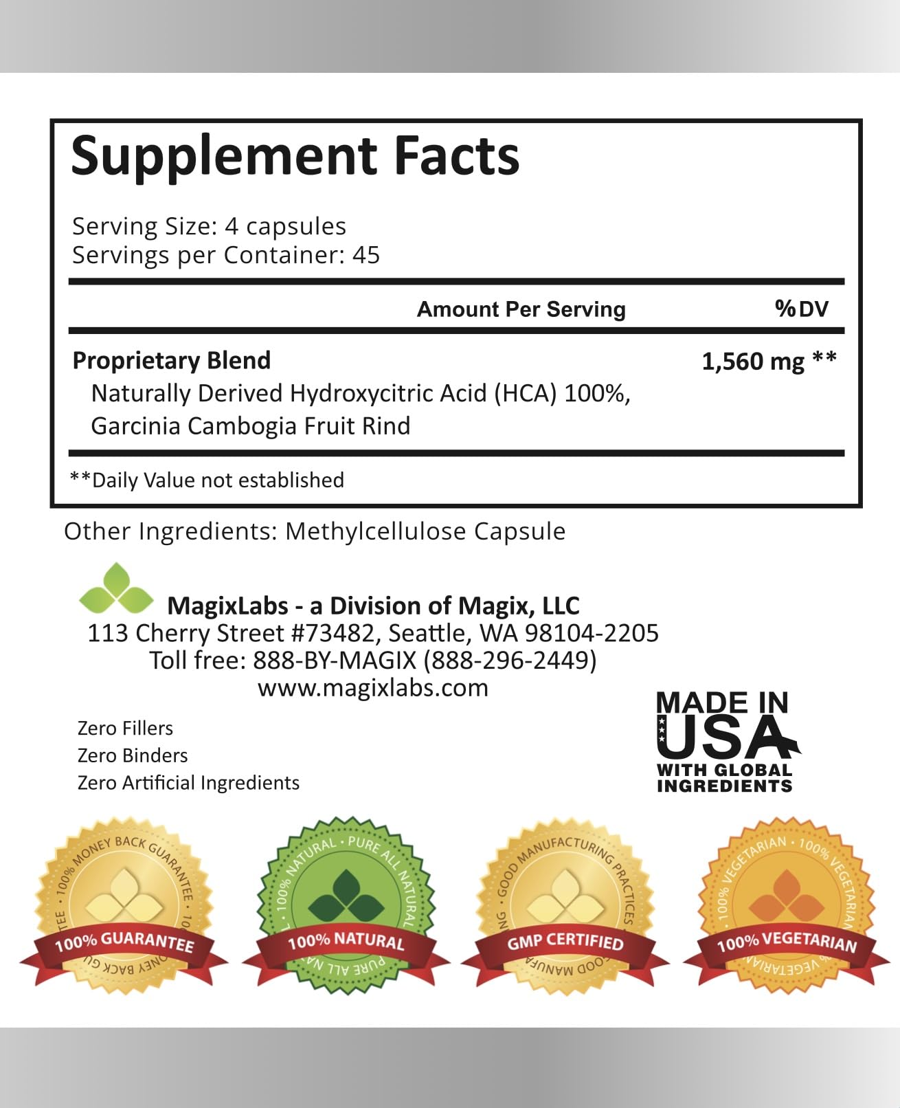 MagixLabs 100% HCA Ultra Extreme Garcinia Cambogia Extract Capsules, 180 Count