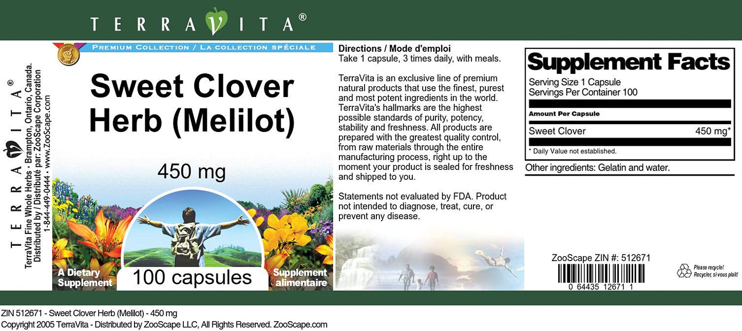 Terravita Sweet Clover Herb (Melilot) - 450 mg Capsules, 100 Count