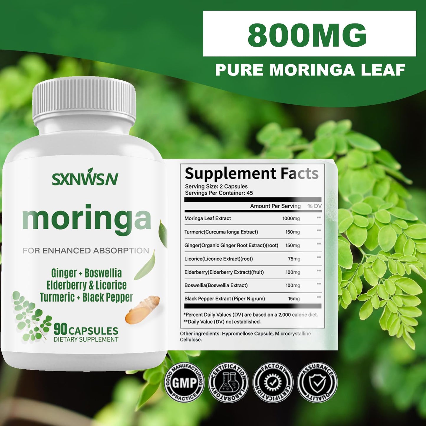 SXNWSN Moringa Capsules 1000mg with Turmeric, Ginger, Elderberry, Licorice & Boswellia, 90 Capsules