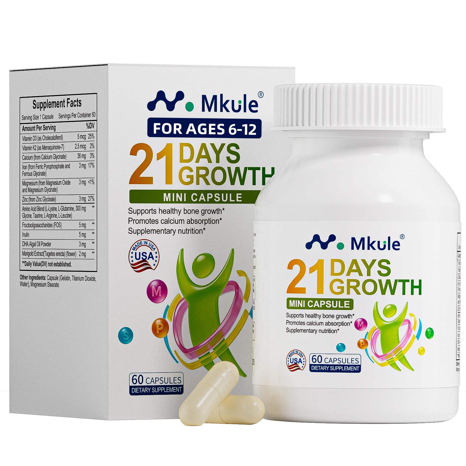 Mkule Height Growth Supplement, Bone Strength Support for Ages (6-12) Capsule, 60 Count