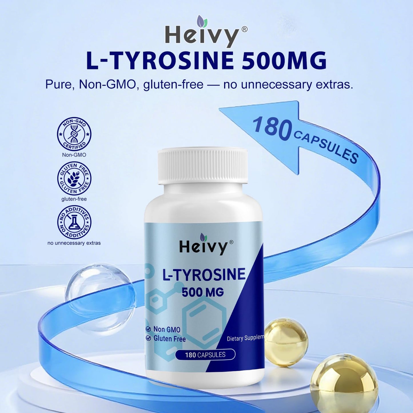 Heivy L-Tyrosine 500mg Amino Acid Supplement Focus & Mental Energy Support Capsule 180 Count