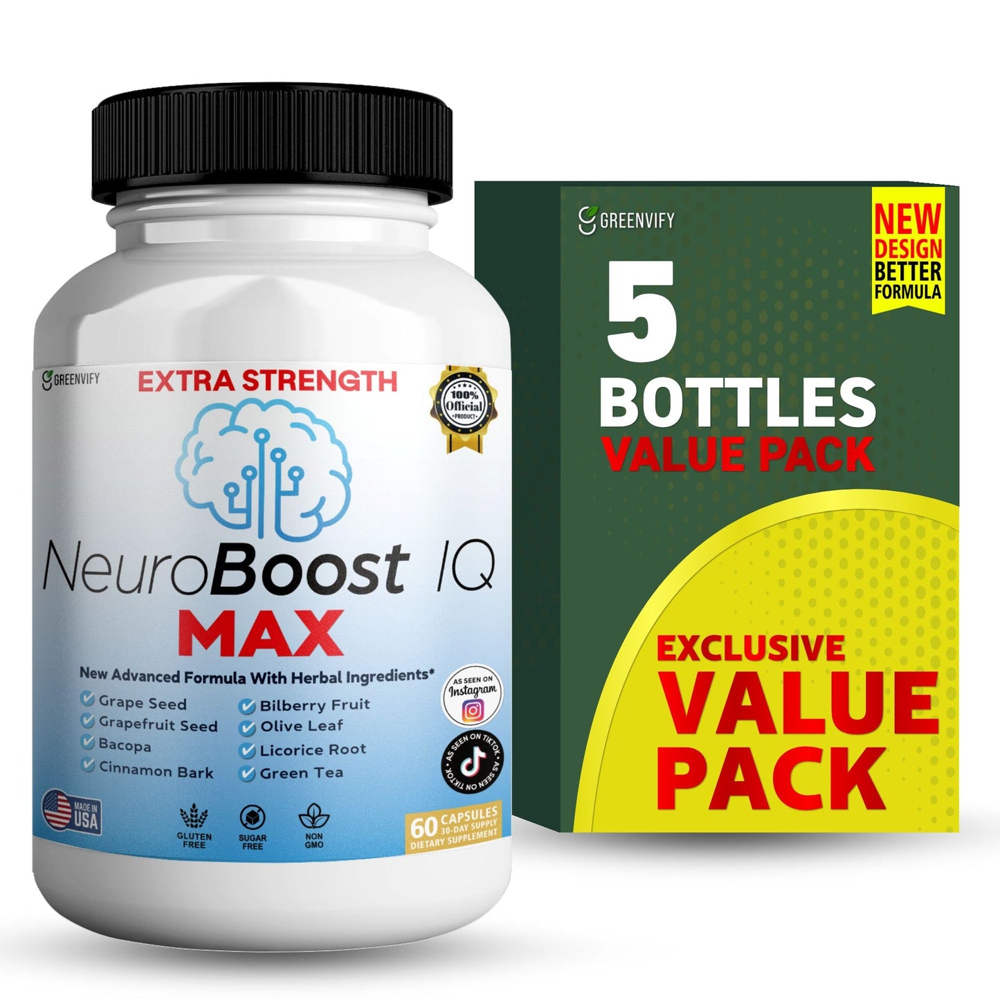 GREENVIFY NeuroBoost IQ MAX Extra Strength Brain Support Supplement 60 Capsules