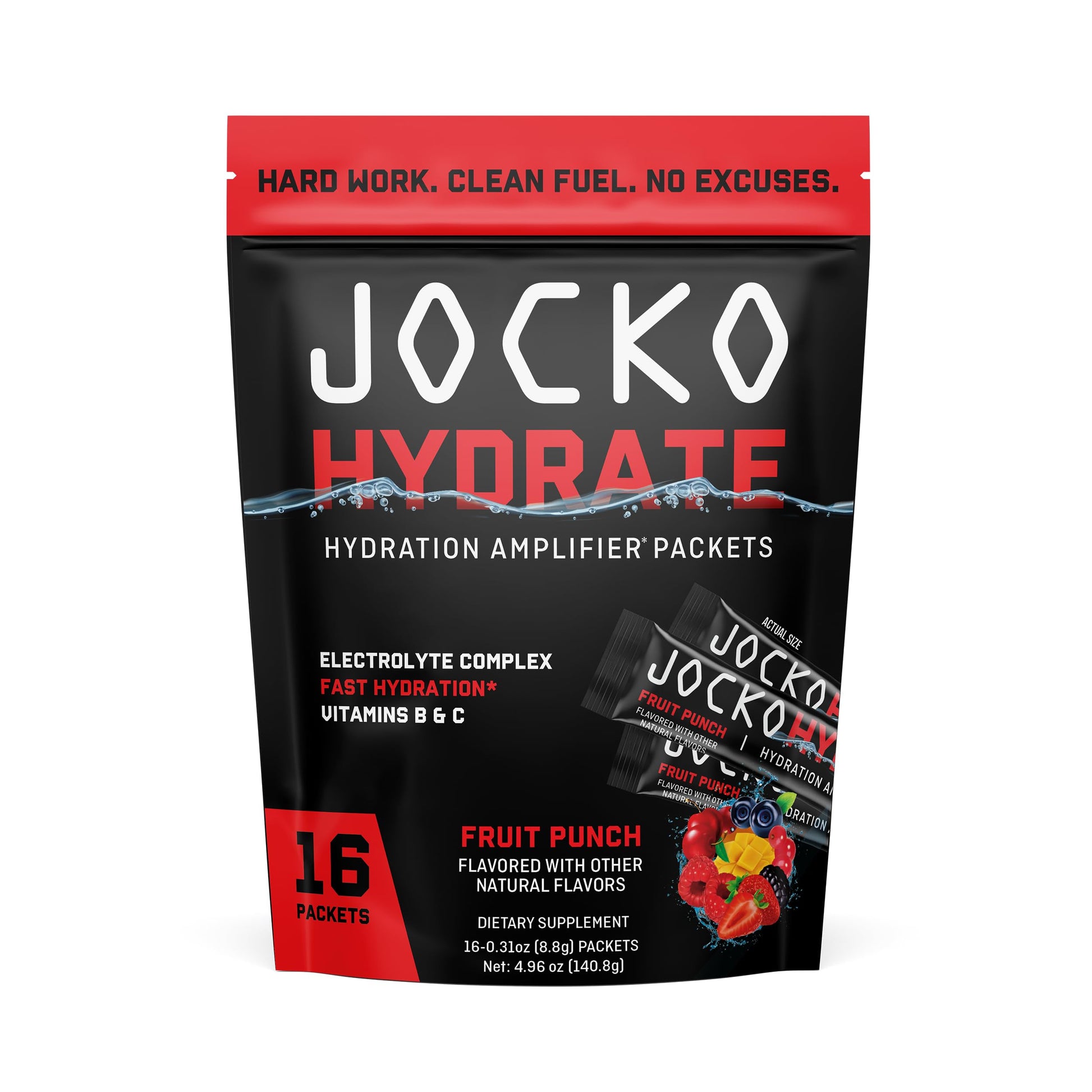 Jocko Fuel Hydrate Electrolytes Powder Packets Low Sugar, 16 Packets, Fruit Punch