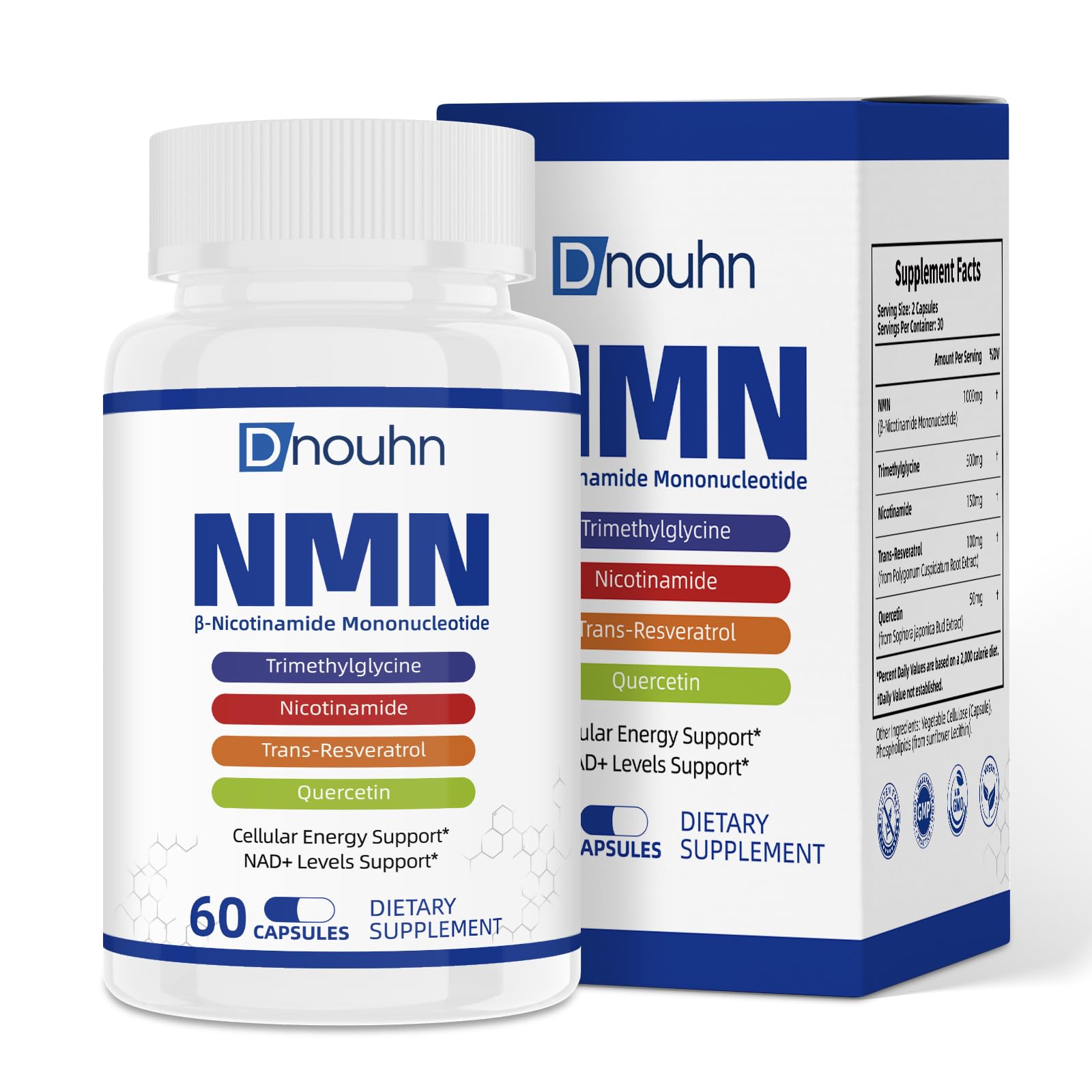 DNOUHN NMN Supplement 1000mg Pure Organic NMNH Alternative, Supports Cellular Energy, NAD+ Levels and Healthy Aging, Nicotinamide Mononucleotide, Gluten Free, 60 Capsules
